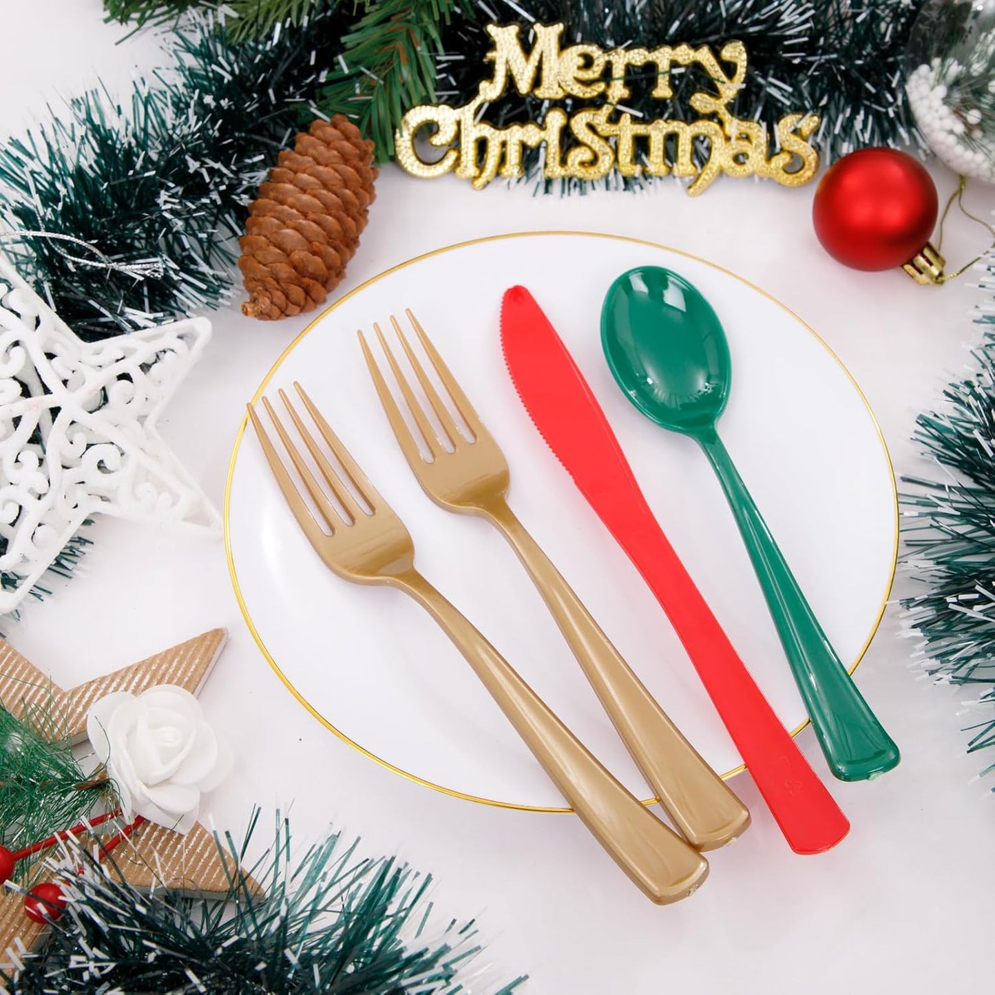 WDF 180 Pieces Plastic Christmas Silverware - Disposable Cutlery Set Incluede 60 Gold Forks, 60 Red Knives and 60 Green Spoons - Heavy Duty Plastic Flatware - Disposable Utensils for Christmas