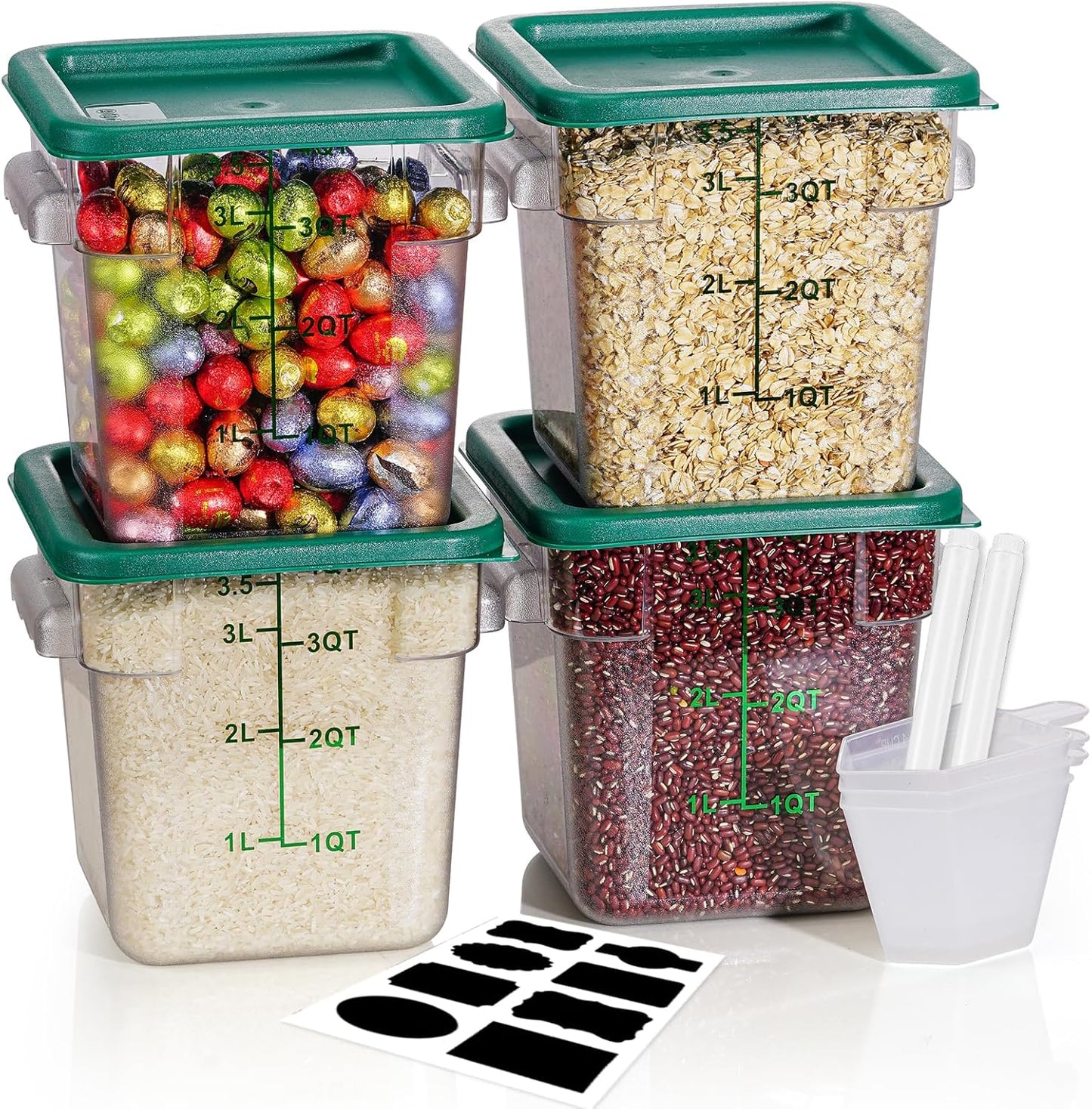 4QT NSF Food Storage Containers: 8 PCS [Food Grade][Hot&Cold Resistant] Commercial Clear Food Storage Containers with Lids for Restaurant Kitchen Proof Dough, Measuring Spoons Included(Green)