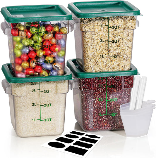 4QT NSF Food Storage Containers: 8 PCS [Food Grade][Hot&Cold Resistant] Commercial Clear Food Storage Containers with Lids for Restaurant Kitchen Proof Dough, Measuring Spoons Included(Green)