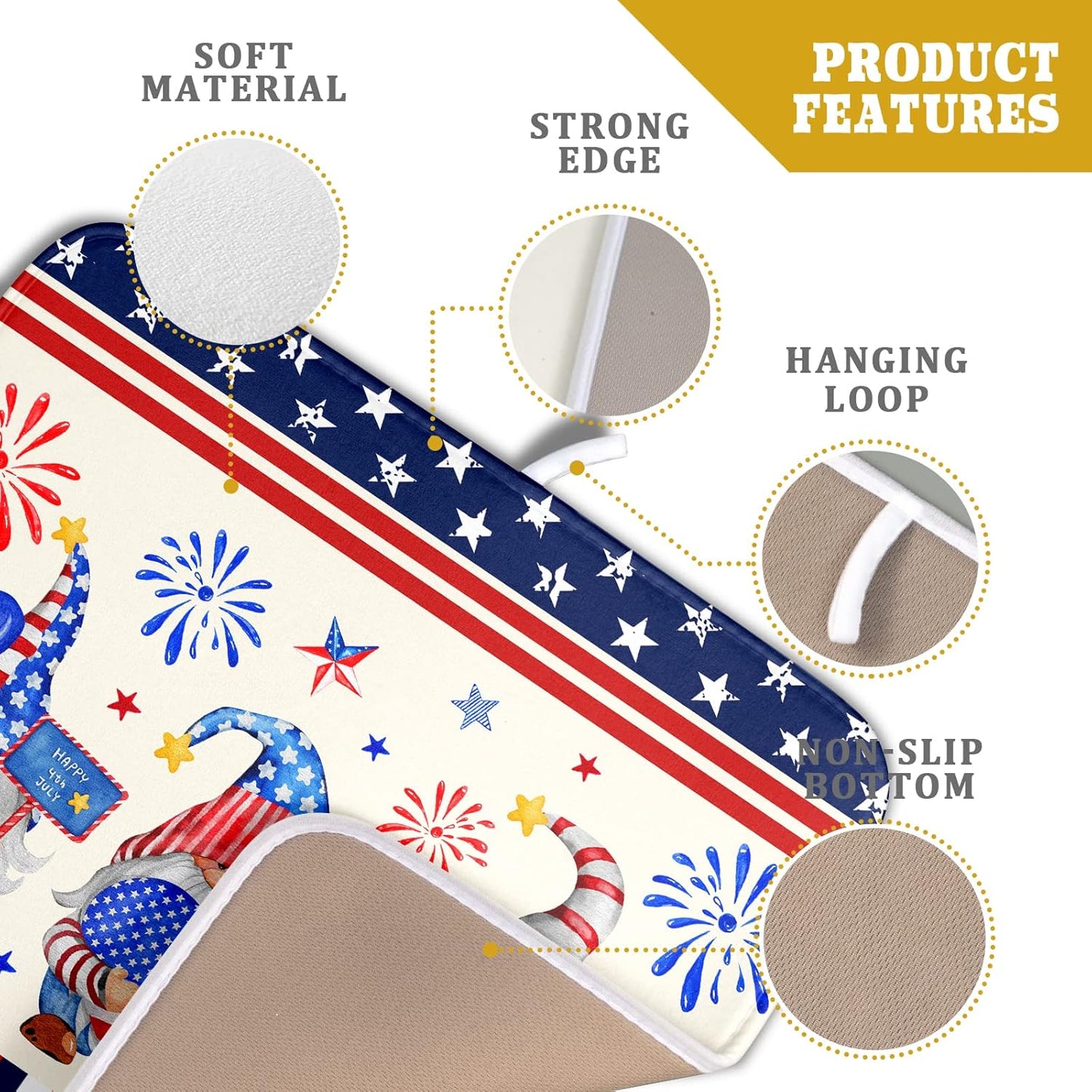 American Gnomes Dish Drying Mat 16x18 for Kitchen Counter, Patriotic Independence Day Decor, Happy 4th of July Microfiber Dishes Drainer Mats Absorbent Foldable Holiday Decor