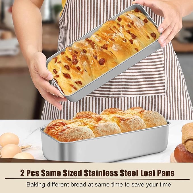 P&P CHEF Loaf Pans for Baking Bread, 12 x 5 Inch Large Stainless Steel Bread Loaf Pan Tins for Homemade Meatloaf Cake Brownies, Healthy & Sturdy, Oven & Dishwasher Safe, 2Pcs