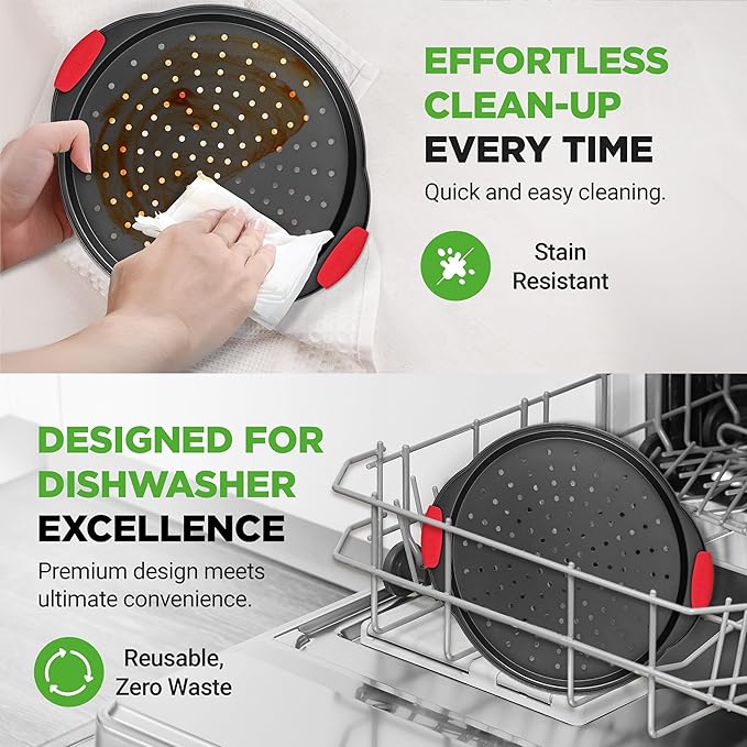 NutriChef 13-Inch Nonstick Pizza Tray - Round Carbon Steel Non-Stick Pizza Pan with Perforated Holes, Premium Bakeware Pizza Screen with Silicone Grip Handles, Dishwasher Safe - NCBPIZ1