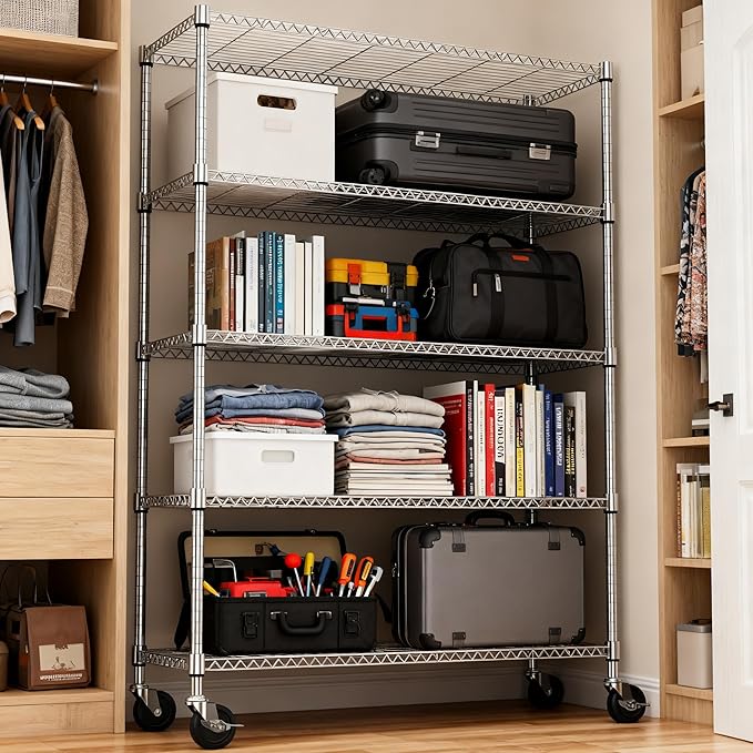 5 Tiers Shelf 1750 lbs Steel Storage Shelving Utility Shelving Unit Steel Organizer Wire Rack for Home,Kitchen,Office,Garage Chrome 17.7" D x 47.2" W x 76.8" H
