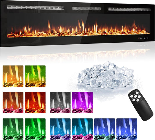 72-Inch Recessed Electric Fireplace, Wall Mounted, Remote Control, 12 Flame Colors, 750/1500W Heater, Multicolor, Log & Crystal, Black