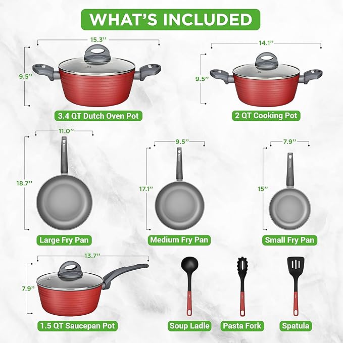 NutriChefKitchen 12-Piece Nonstick Kitchen Cookware Set-PTFE/PFOA/PFOS-Free Heat Resistant Lacquer Kitchen Ware Pots Pan Set Dark Gray/Red- Saucepot, Pans, Cooking Pot Oven Pot,Lid,Utensil - NCCW12RED