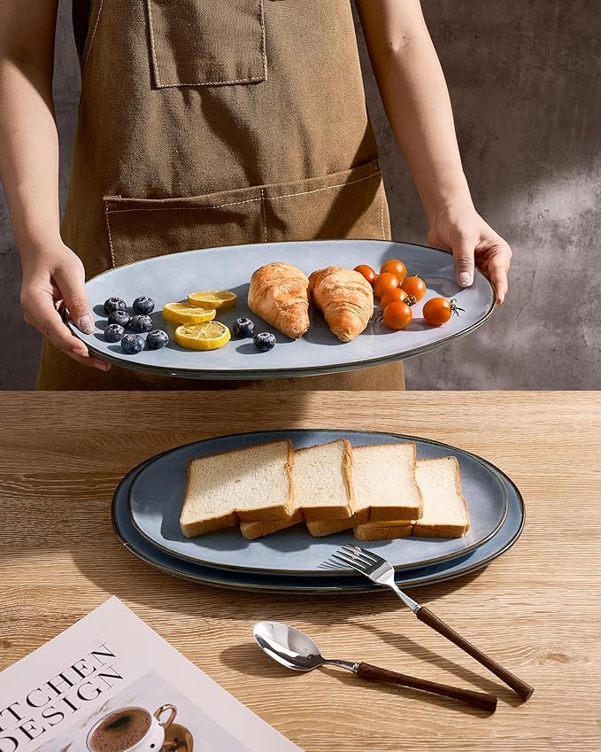 famiware Serving Platter, Oval 15.59/14.3/12.9inch Serving Dishes for Entertaining, Serving Bowls, Reactive Glaze, Stoneware Serving Trays for Party, Food, Turkey, Cheese, Ocean Series, Blue