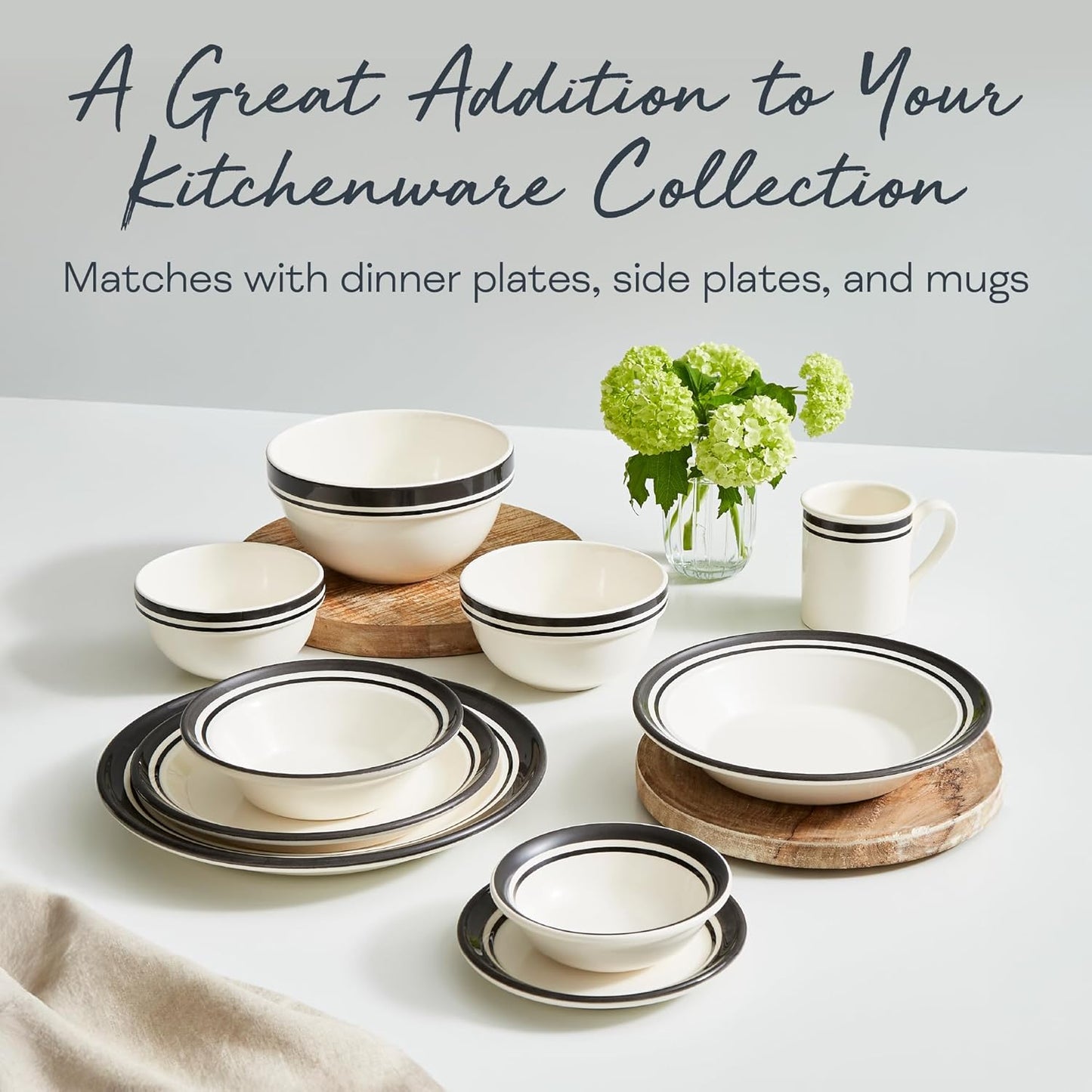 Portmeirion Potter's Stripe Oatmeal Bowls (Set of 4) - Elegant Earthenware for Breakfast, Lunch & Dessert - Microwave & Dishwasher Safe Bowls, Handcrafted Stackable Bowl Collection (Black Stripe)