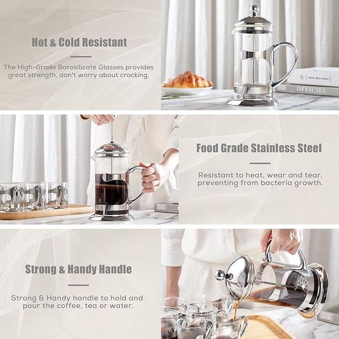 DUJUST Silver French Press Coffee Maker, Luxury Design French Coffee Press with 4-Level Filter System, High-Grade Glass for Hot & Cold Resistance, Include Long Size 304 Stainless Steel Spoon - 34oz