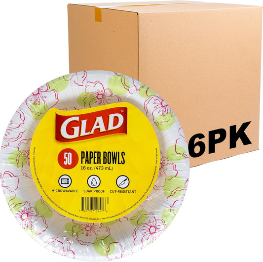 Glad Round Disposable Paper Bowls, Pink Flower Design - Heavy Duty, Soak Proof, Cut-Resistant, Microwavable Bowl for All Foods & Daily Use, 16 Oz, 50 Count - 6 Pack