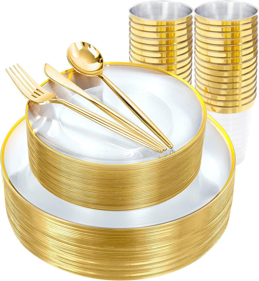 EI 180pcs Gold Plastic Plates,Clear Plates with Gold Trim,Plastic Plate for Party,Clear Dinnerware Set Silverware Cups for Baby Shower,Wedding