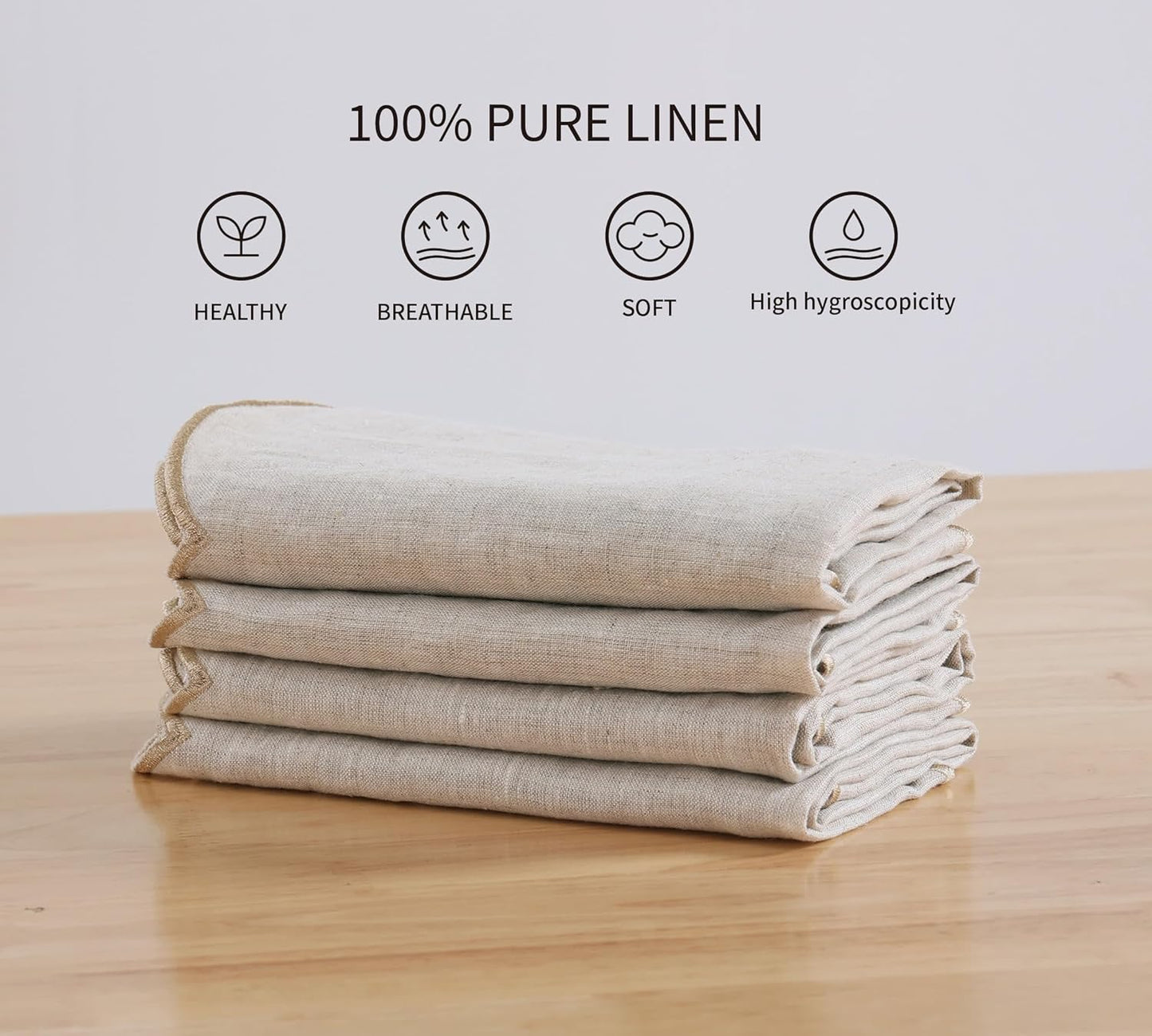 100% French Flax Linen Cloth Napkins Scalloped Embroidery 20’’x20’’ for Dinners, Parties, Weddings, Decorative Halloween, Spring, Easter, Set of 4 Pcs, Natural Linen(Edges-Gold)