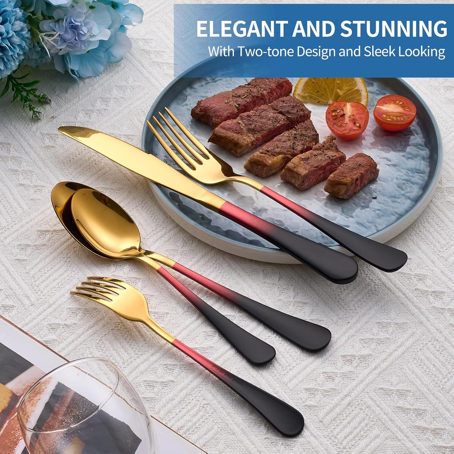 20-Piece Black Red Gold Silverware Set, 18/0 Stainless Steel Colorful Handle Flatware Set,Service for 4,Modern Cutlery Set Includes Dinner Knives Forks Spoons,Mirror Polished,Dishwasher Safe