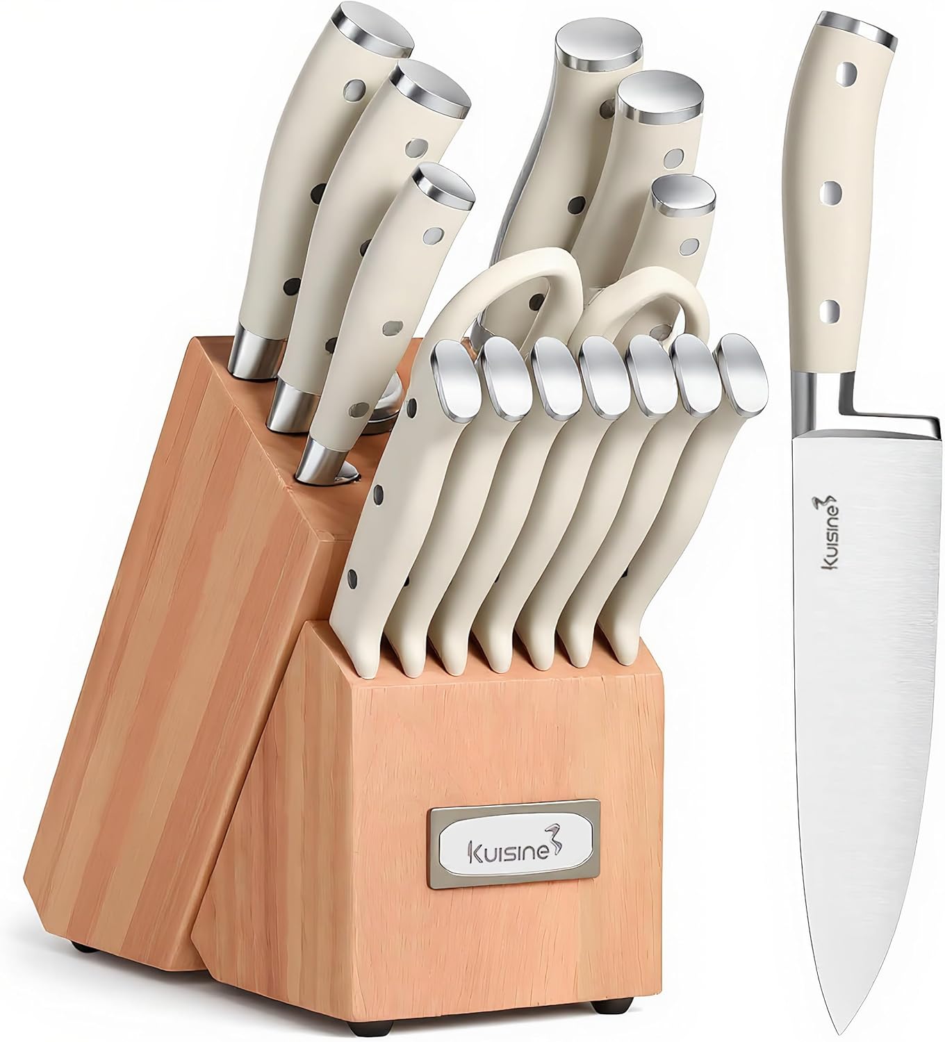 KUISINE Knife Set High Carbon Stainless Steel Ultra Sharp Blade Ergonomic Handle,Knife Block Set with Built-in Sharpener Upgraded(Ivory Acacia,15PCS)