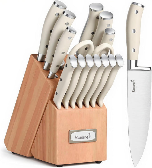 KUISINE Knife Set High Carbon Stainless Steel Ultra Sharp Blade Ergonomic Handle,Knife Block Set with Built-in Sharpener Upgraded(Ivory Acacia,15PCS)