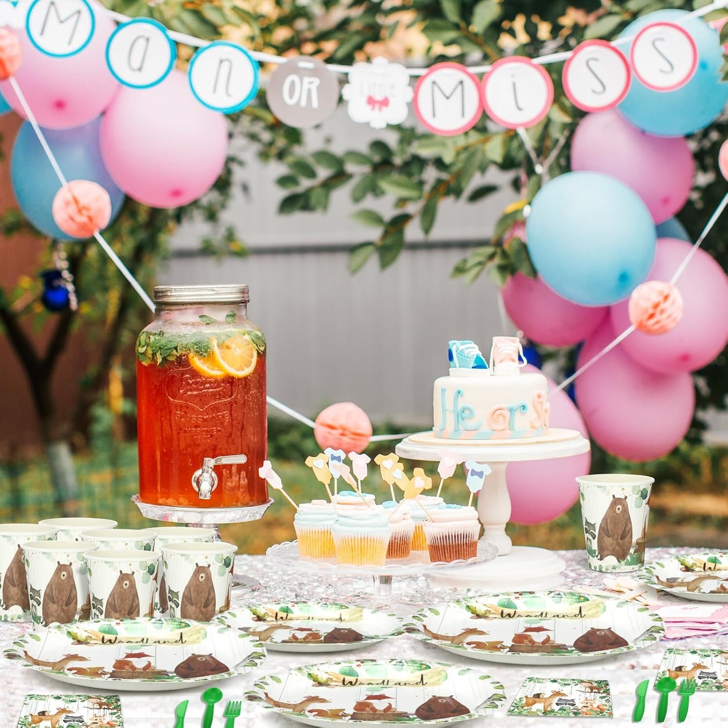 Dandat 350 Pcs Baby Shower Plates Set Baby Shower Party Supplies Serves 50 Tableware Sets Include Plates Napkin Cup Forks Knives Spoons Disposable Dinnerware(Woodland,Green)