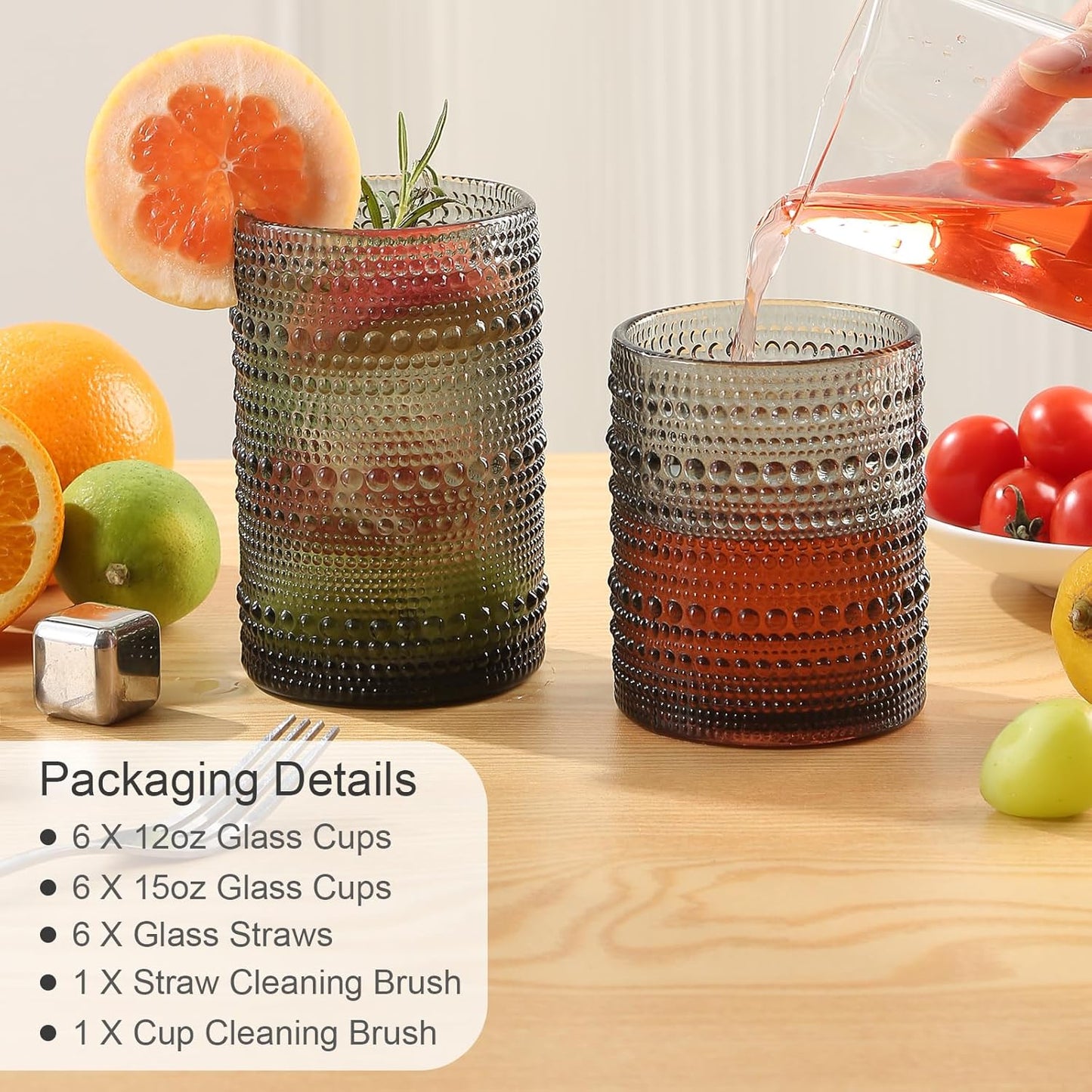 Vintage Glassware Drinking Glasses Set of 12,Grey 12oz & 15oz Hobnail Glass Cups,Embossed Water Tumbler,for Beer,Cocktail,Whiskey,Juice and Various Mixed Drinks- 1 Cleaning Brush