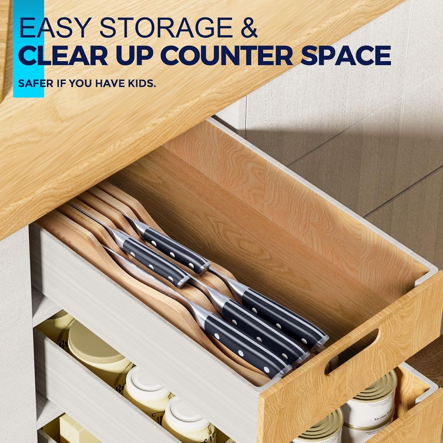 6Pcs Kitchen Knife Set with In-Drawer Bamboo Knife Organizer- 3.5-8 Inch Set Kitchen Knives German High Carbon Stainless Steel Sharp Knife, Knives Set for Kitchen with Ergonomic Handle