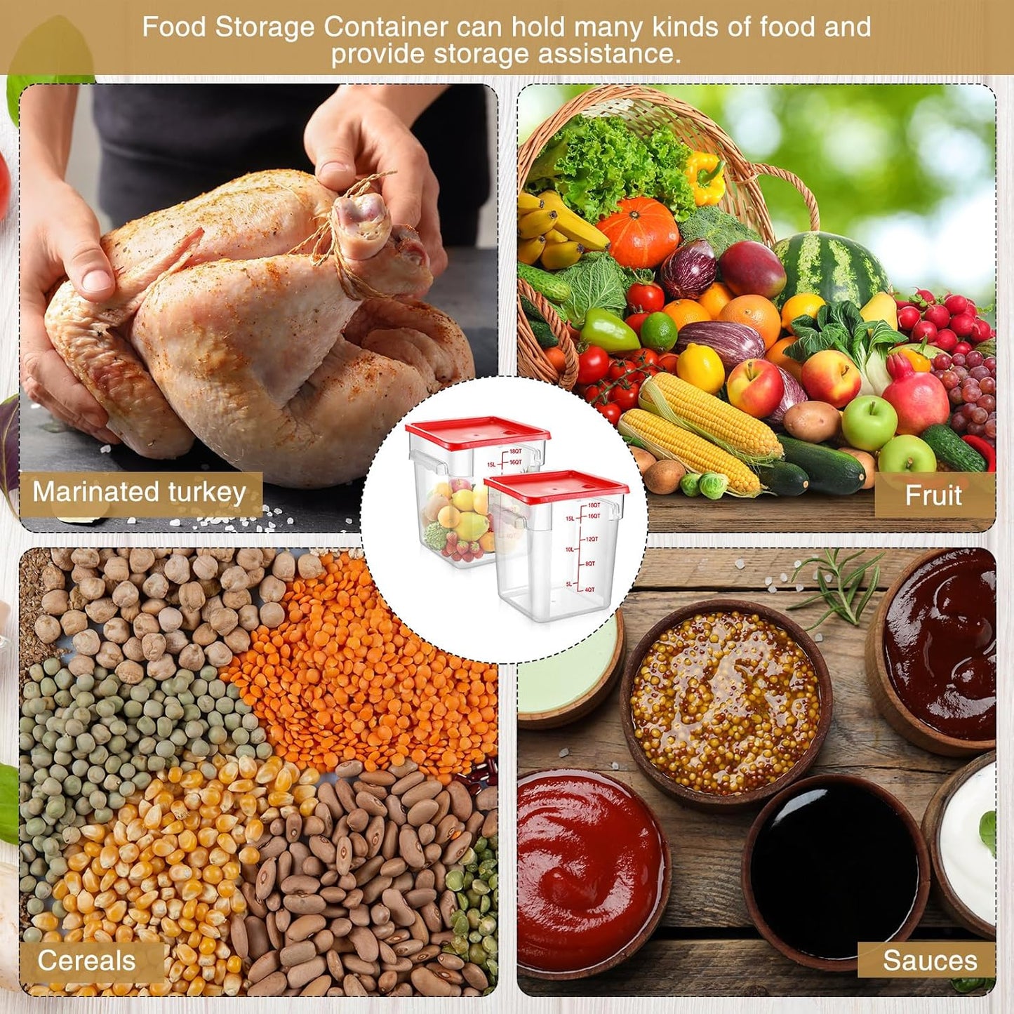 Suclain 2 Pcs Square Food Storage Container Polycarbonate Clear Food Container with Red Lid Commercial Rice Storage with Red Graduations for Commercial Kitchen (Quarts, 22)