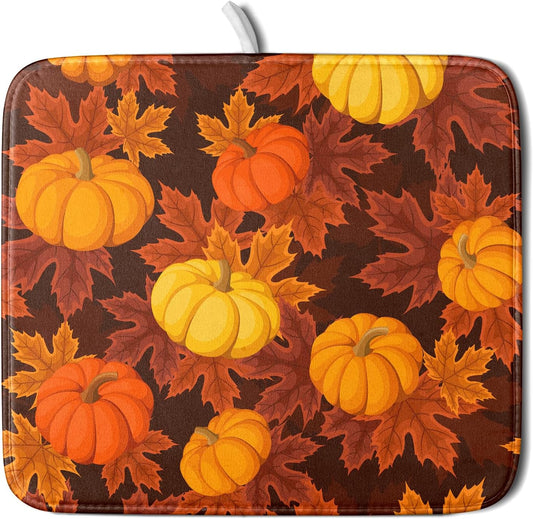 Fall Dish Drying Mats for Kitchen Counter 16×18 Inch Autumn Pumpkin Leaves Festival Holiday Small Microfiber Drying Mat Kitchen Accessories Dish Rack Mat Drainer Pad Washable Absorbent