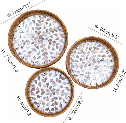 i-lan 3-Piece Round Rattan Serving Trays with Mother of Pearl Inlay – Handwoven Decorative Platters for Coffee Table, Vanity, Kitchen & Home Décor, Set