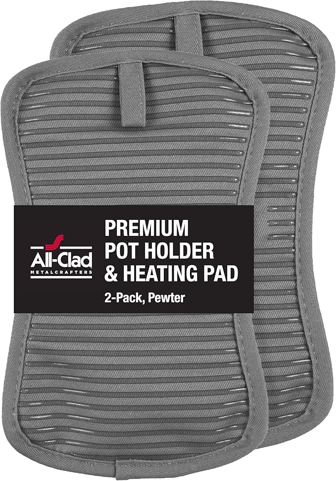 All-Clad Premium Pot Holder & Heating Pad, (2-Pack) Heat Resistant to 500 Degrees, 100% Cotton 10"x6.25" for Kitchen and Barbeque, Pewter