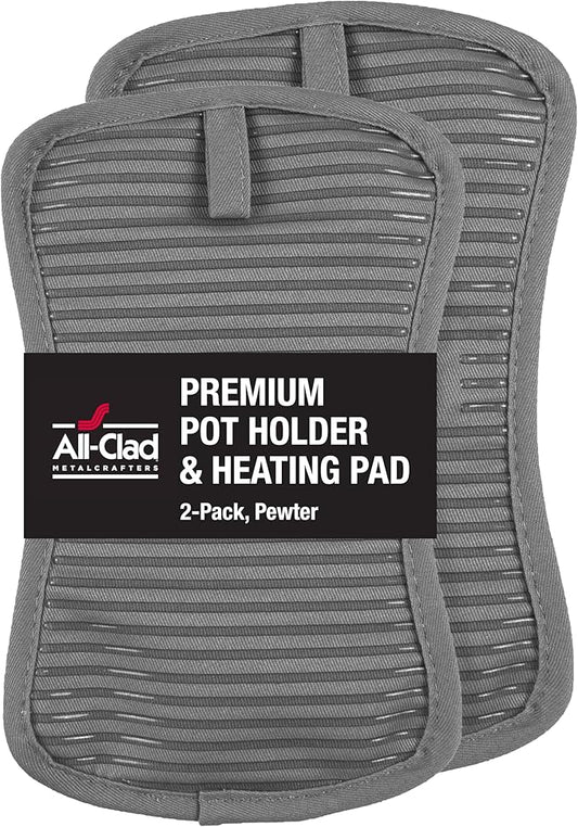 All-Clad Premium Pot Holder & Heating Pad, (2-Pack) Heat Resistant to 500 Degrees, 100% Cotton 10"x6.25" for Kitchen and Barbeque, Pewter