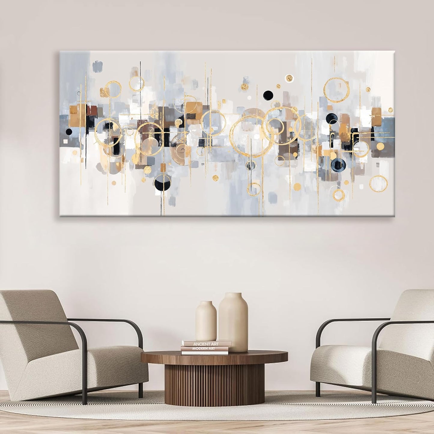 Large Wall Art Decor Minimalist Gold Circles Grey Abstract Wall Art Living Room Home Wall Decor 29x58 Inch Artwork For Walls Office Bedroom Kitchen Canvas Prints