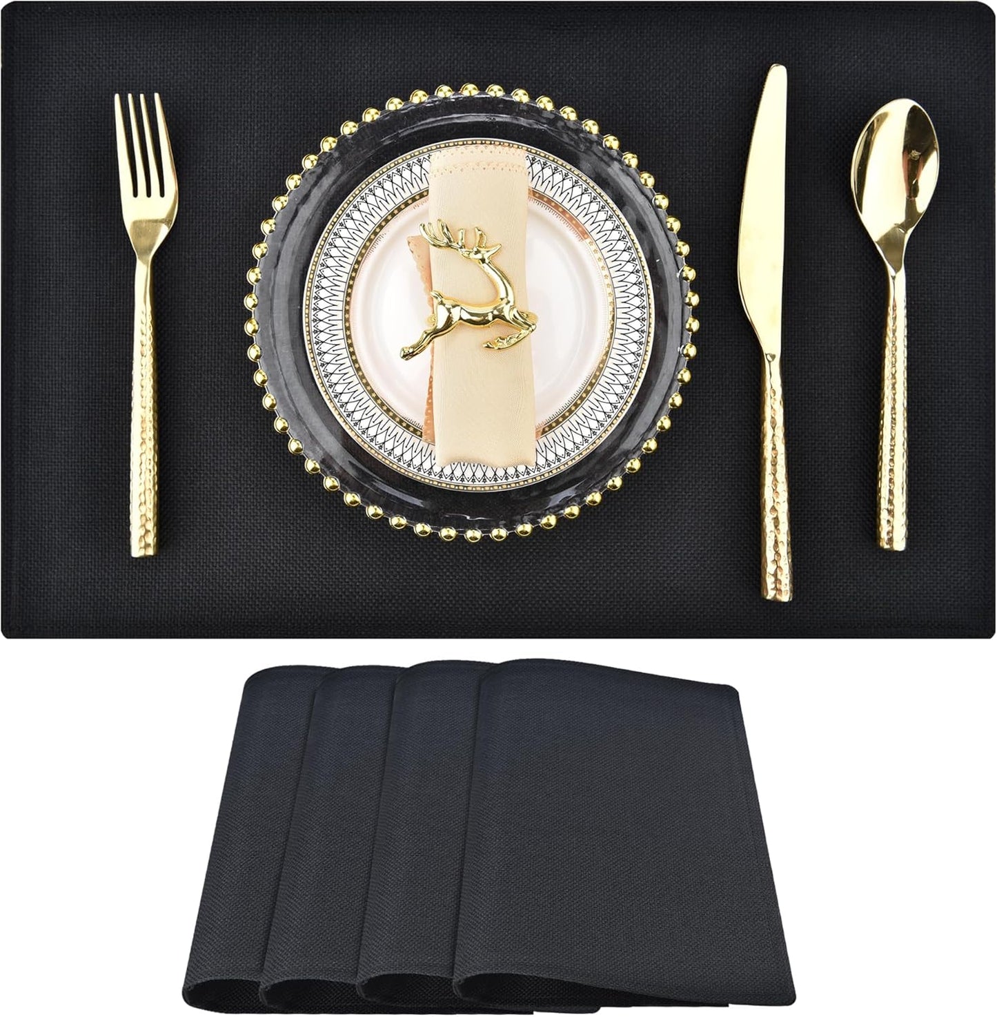SLKQG Black Linen-Look Fabric Placemats Set of 4, Heat Resistant & Machine Washable Double-Layered Cloth Placemats for Dining Table, Indoor/Outdoor Use, Non-Slip Kitchen Table Mats (4, Black)