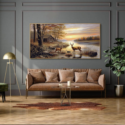 yiijeah Deer Pictures Wall Decor - Autumn Rustic Forest Cabin Painting Prints Wildlife Pictures Animal Elk Poster Large Canvas Wall Art Modern Hunting Decor Framed Artwork for Walls