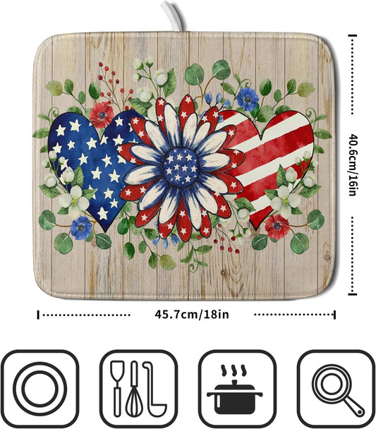 Independence Day Dish Drying Mat 16x18 inch Patriotic Love Heart Fast Dry Microfiber Dishes Drainer Rack Pad Kitchen Counter Accessories