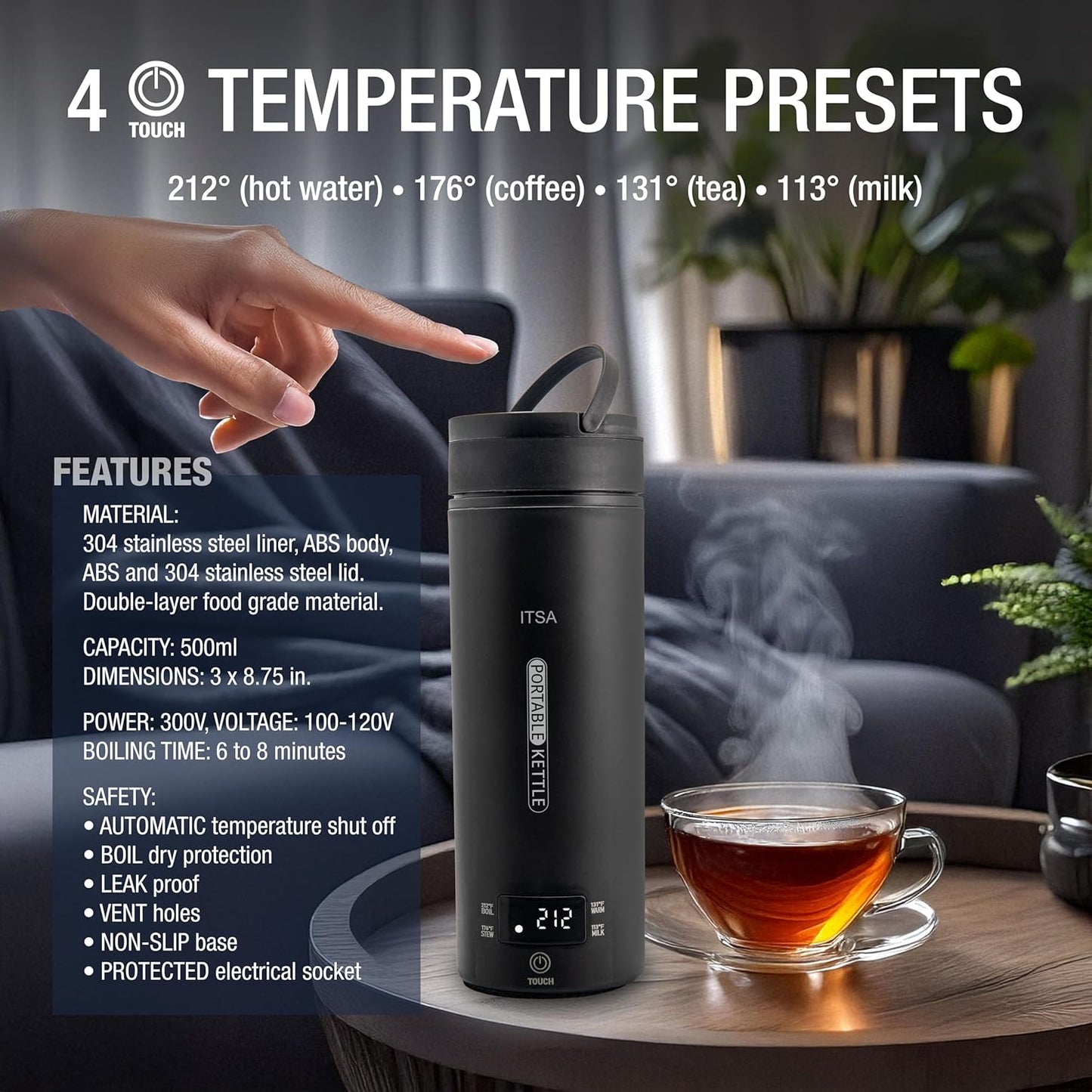 ITSA Travel Electric Kettle 500ml Portable Stainless Steel Water Boiler with Temperature Control & Auto Shut Off – Mini Electric Kettle for Coffee, Tea & Hot Water, BPA-Free