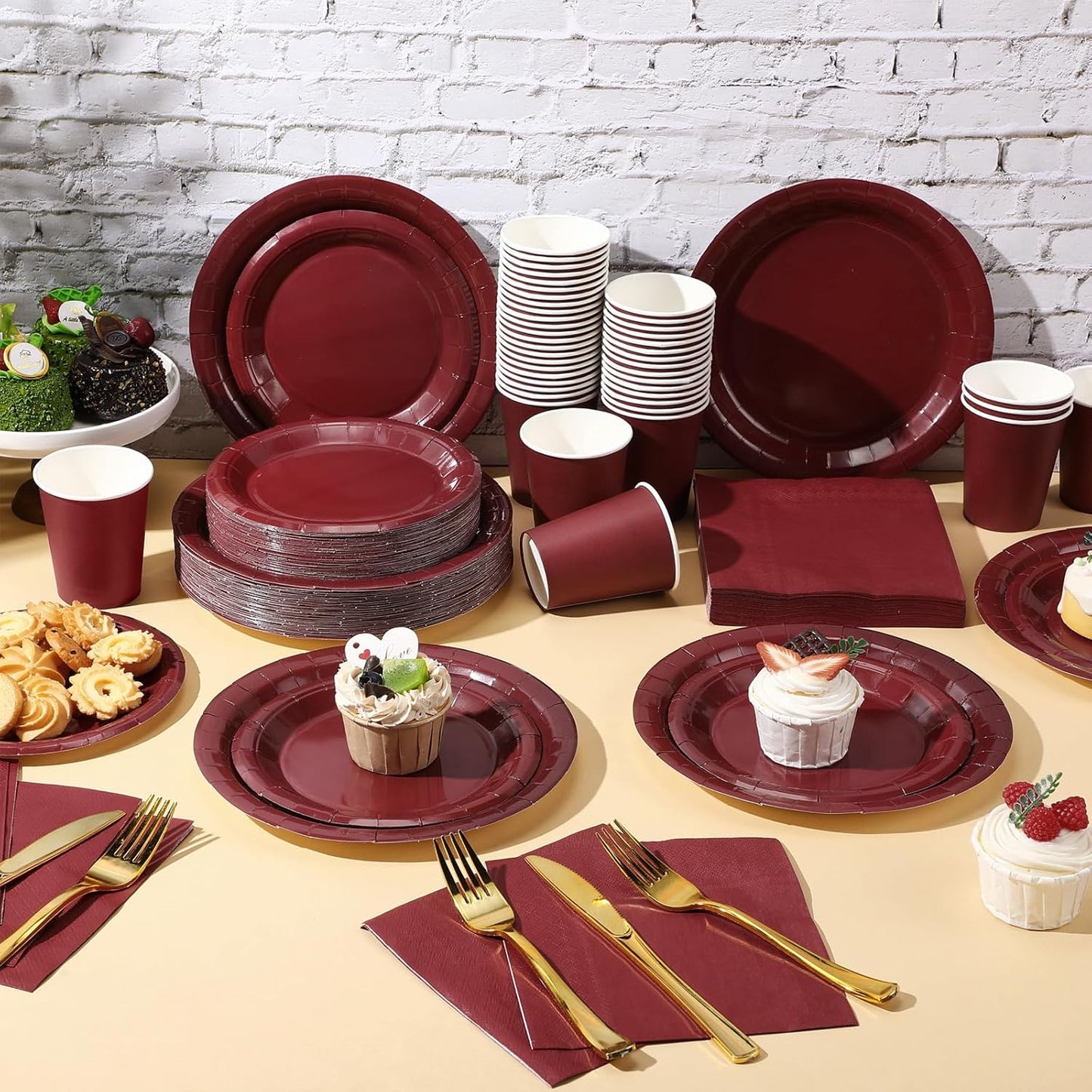 Tioncy 200 Pcs Disposable Paper Plates Cups and Napkins Party Supplies Serve 50 Guests Disposable Paper Dinnerware Set for Halloween Birthday Wedding Baby Shower Family Picnic(Burgundy)