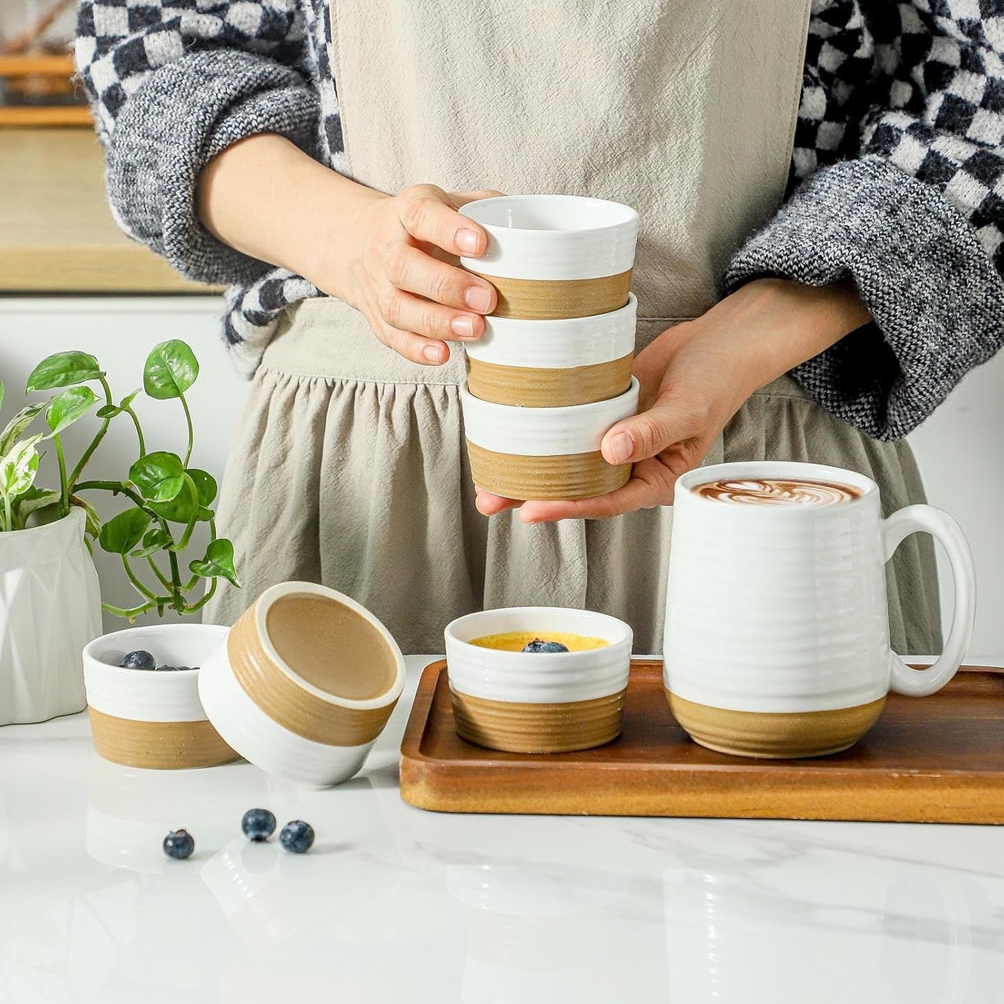 Ramekins 4 OZ Oven Safe,Set of 6 Ceramic Creme Brulee Ramekins,Mini Dessert Bowls for Souffle,Dipping Sauce,Ice Cream,Pudding and Charcuterie,Microwave & Oven Safe,Patchwork White