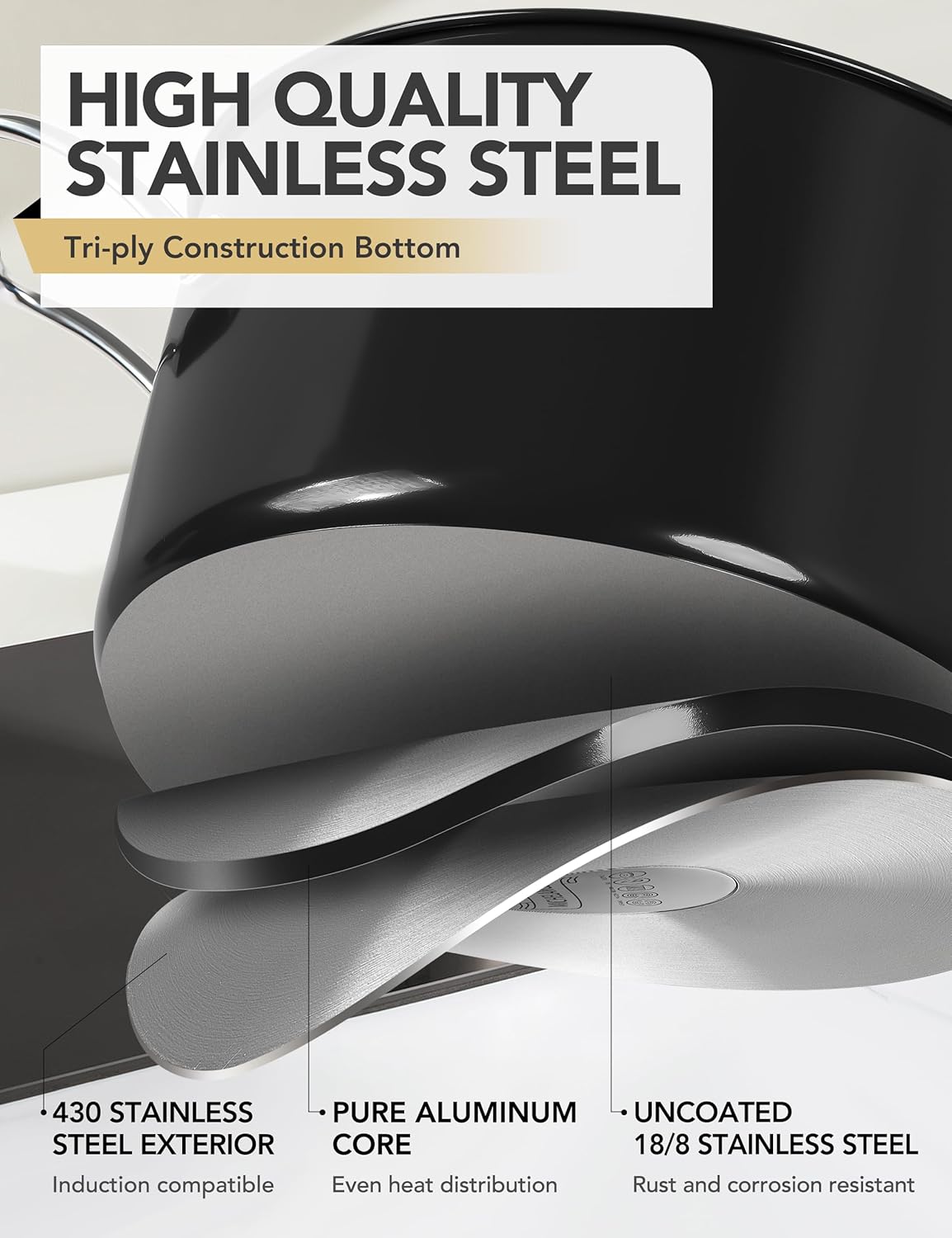 MICHELANGELO Stainless Steel Cooking Pot - 6 Quart Soup Pot with Lid, Non-Toxic Stockpot Induction Compatible, Oven & Dishwasher Safe, Black Exterior