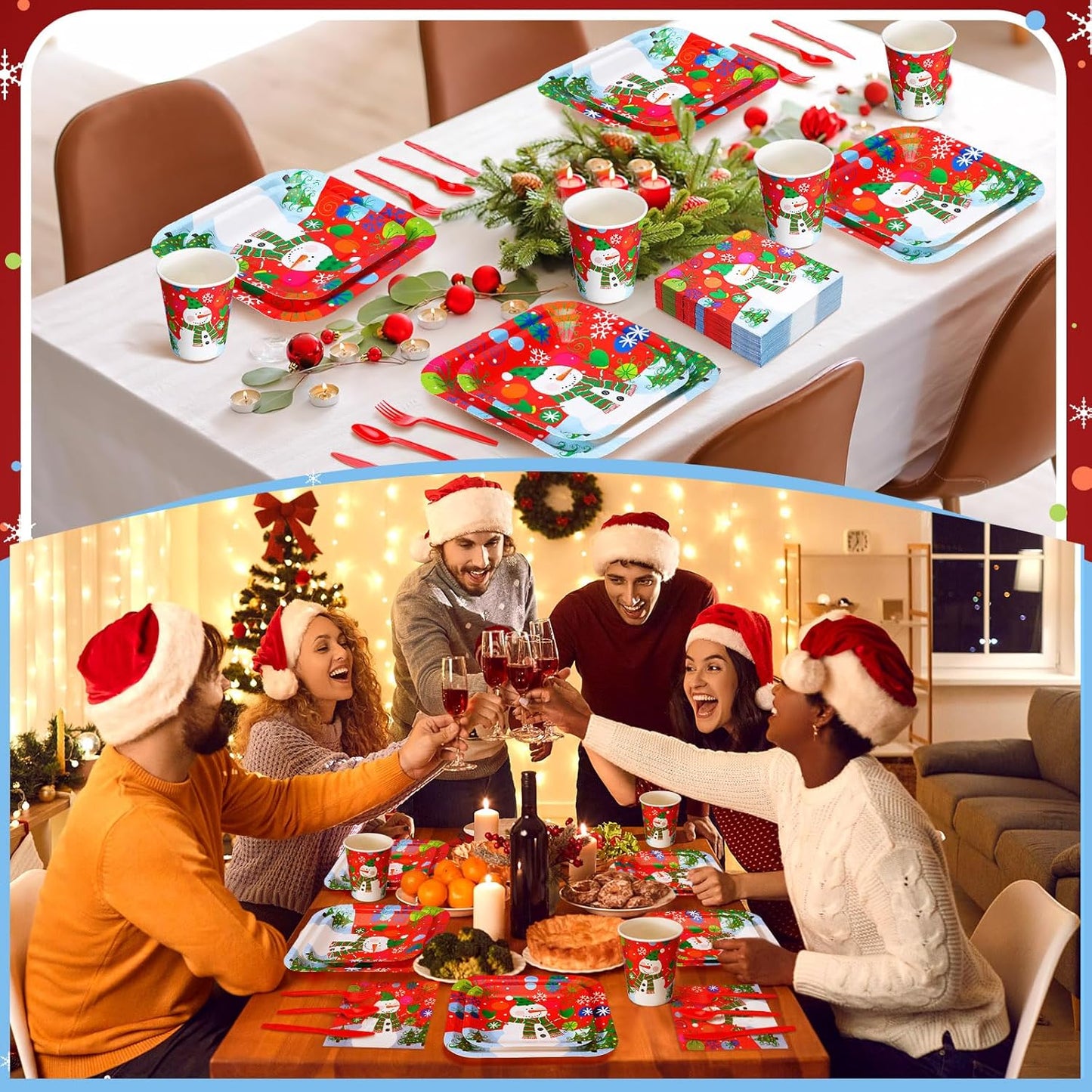 350 Pcs Paper Plates and Napkins Set Disposable Dinnerware Party Supplies Tableware Serve 50 Guest Cups Knife Forks Spoon(Red,Snowman)