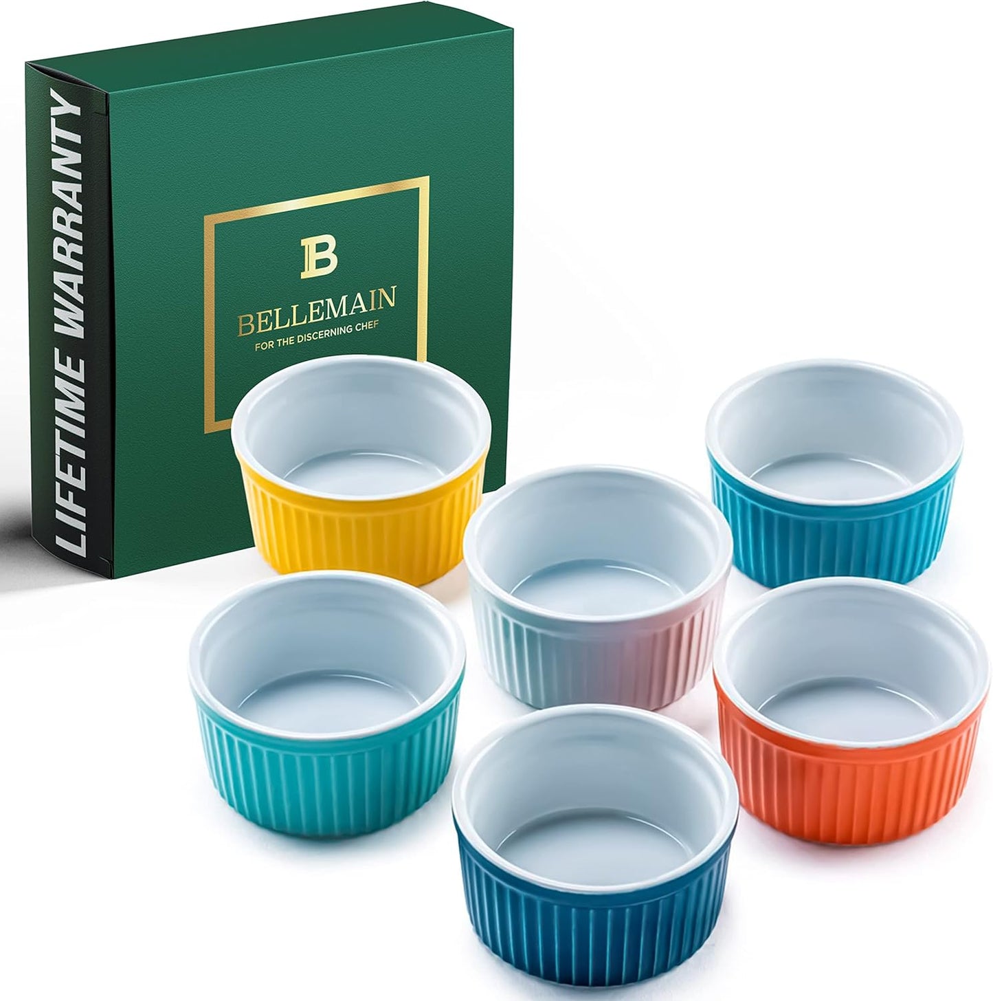 Bellemain 4 oz Porcelain Mini Bowls | Ramekins, Custard Cups, Mini Cheesecake Pans, Small Baking Dish, Dipping Sauce Bowls, Small Casserole Dishes, Ramekins Oven Safe to 500F, Set of 6 (Multi)