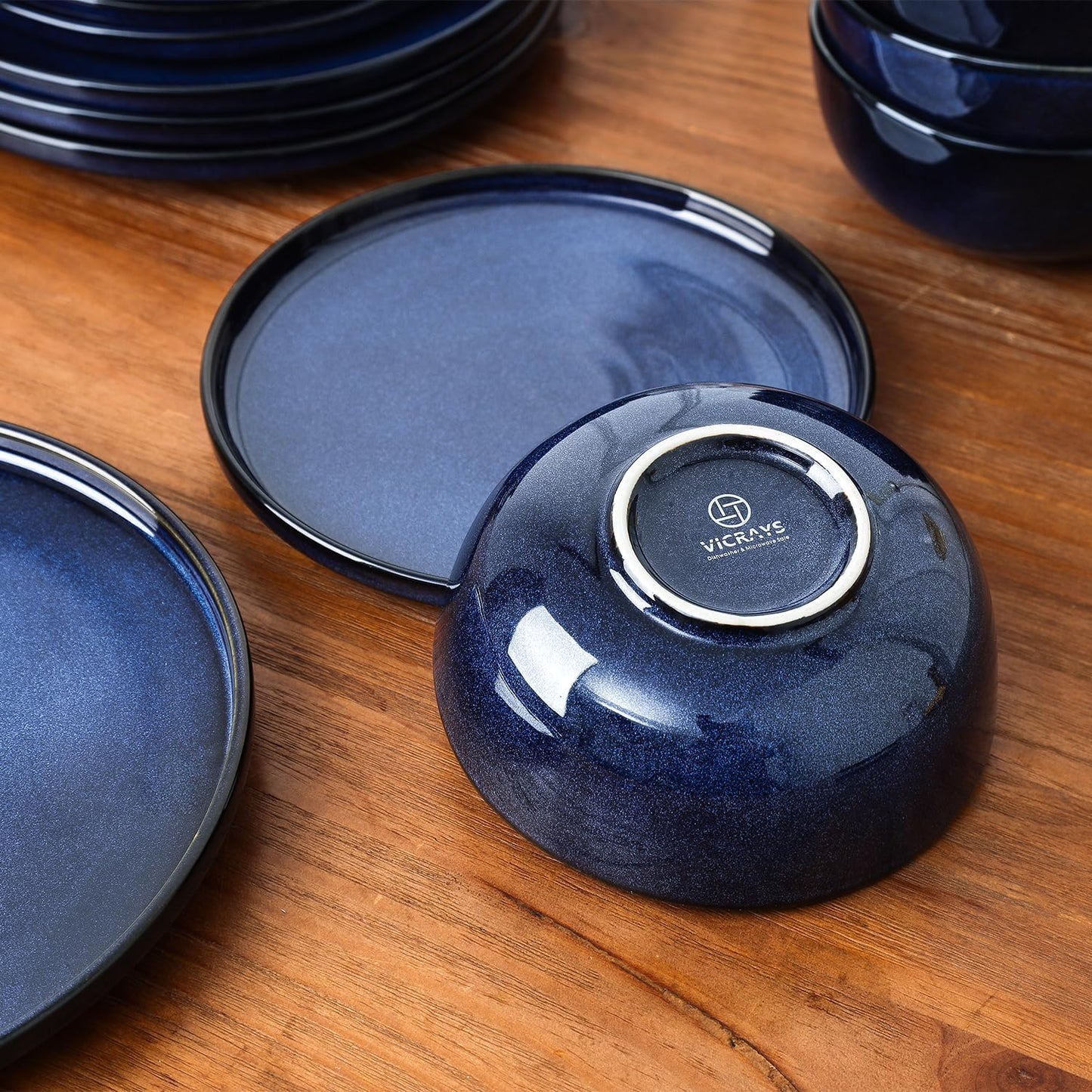 Vicrays Ceramic 12 Pieces Dinnerware Set - Dinner Plates Salad Plates Cereal Bowls Set Service for 4 - Scratch Resistant Microwave Oven Dishwasher Safe - Blue
