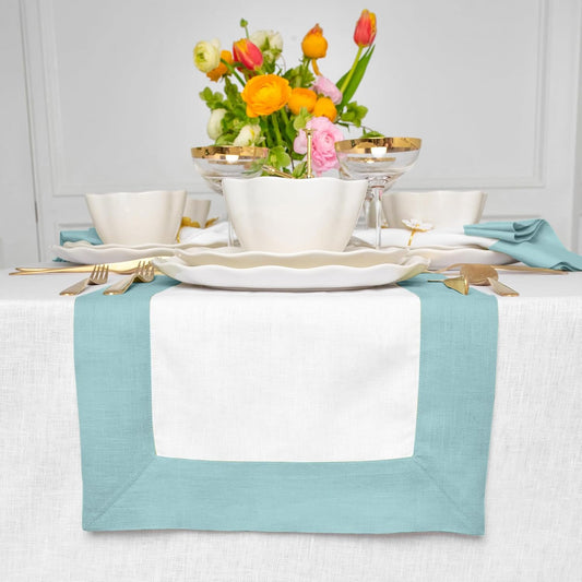 Solino Home Linen Table Runner 60 Inches - 100% Pure Linen Aqua Blue and White Short Table Runner 14 x 60 Inch Ideal for Dresser and Coffee Tables - Thanksgiving - Contempo