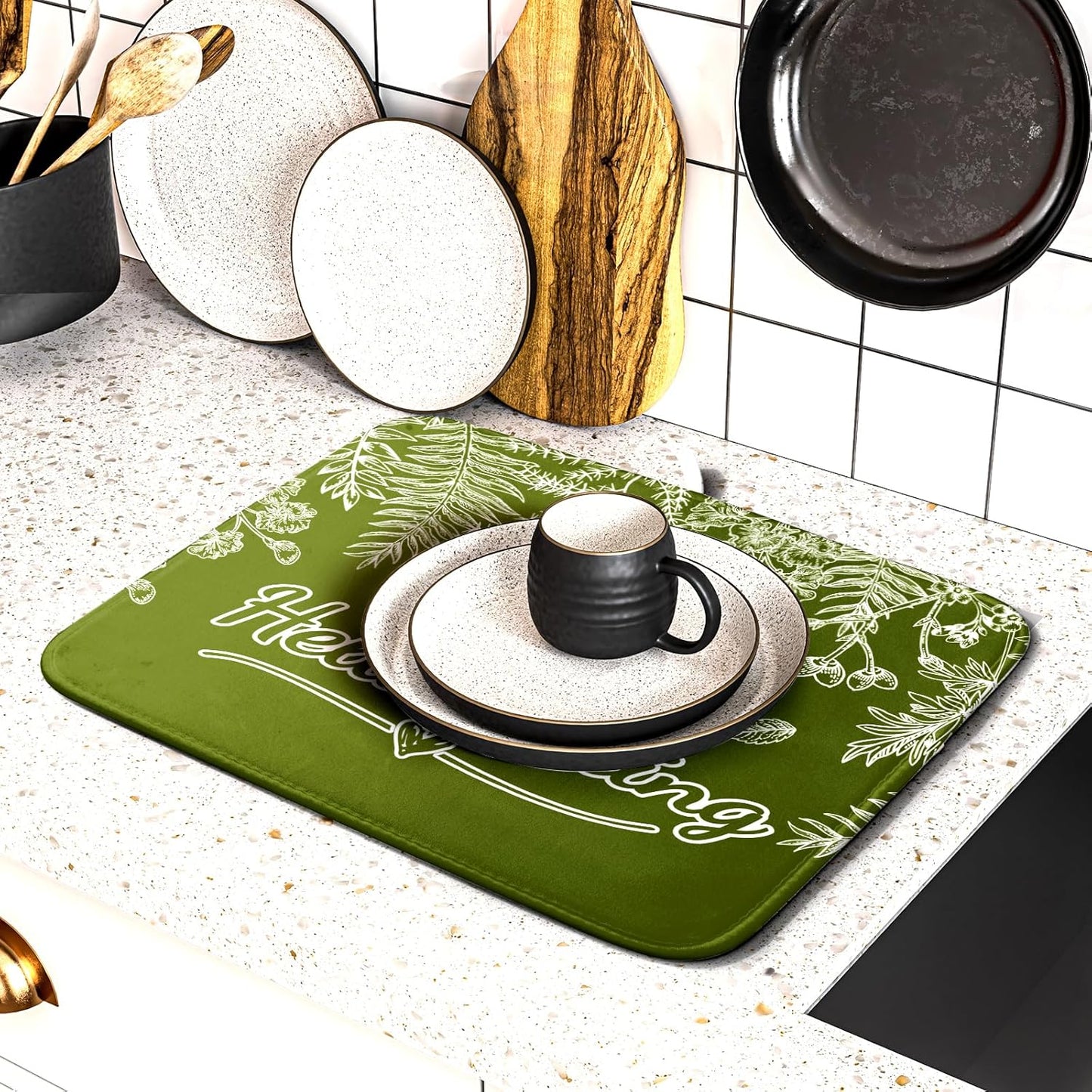 Spring Dish Drying Mats 16x18 Inch,Sage Green Leaves Seasonal Absorbent Microfiber Dishes Drainer Rack Mat Fast Dry Drying Pad for Countertop Table Sink Kitchen Decor Accessories