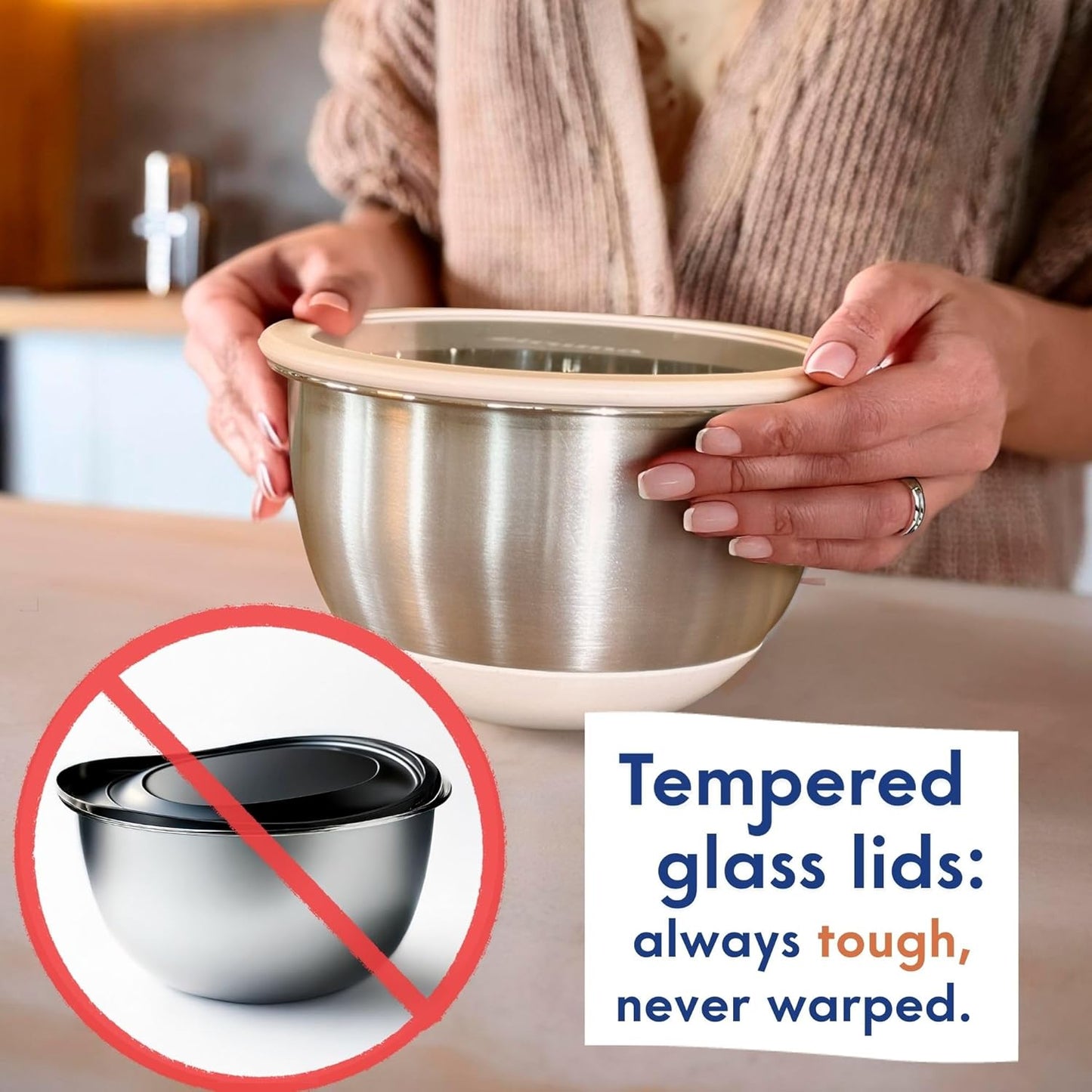 Ziruma Non-Toxic Mixing Bowls with Lids Set, Stainless Steel & Glass, 5 Pcs Plastic Free Bowls with Silicone Non-Slip Base, Dishwasher Safe Mixing Bowl Set