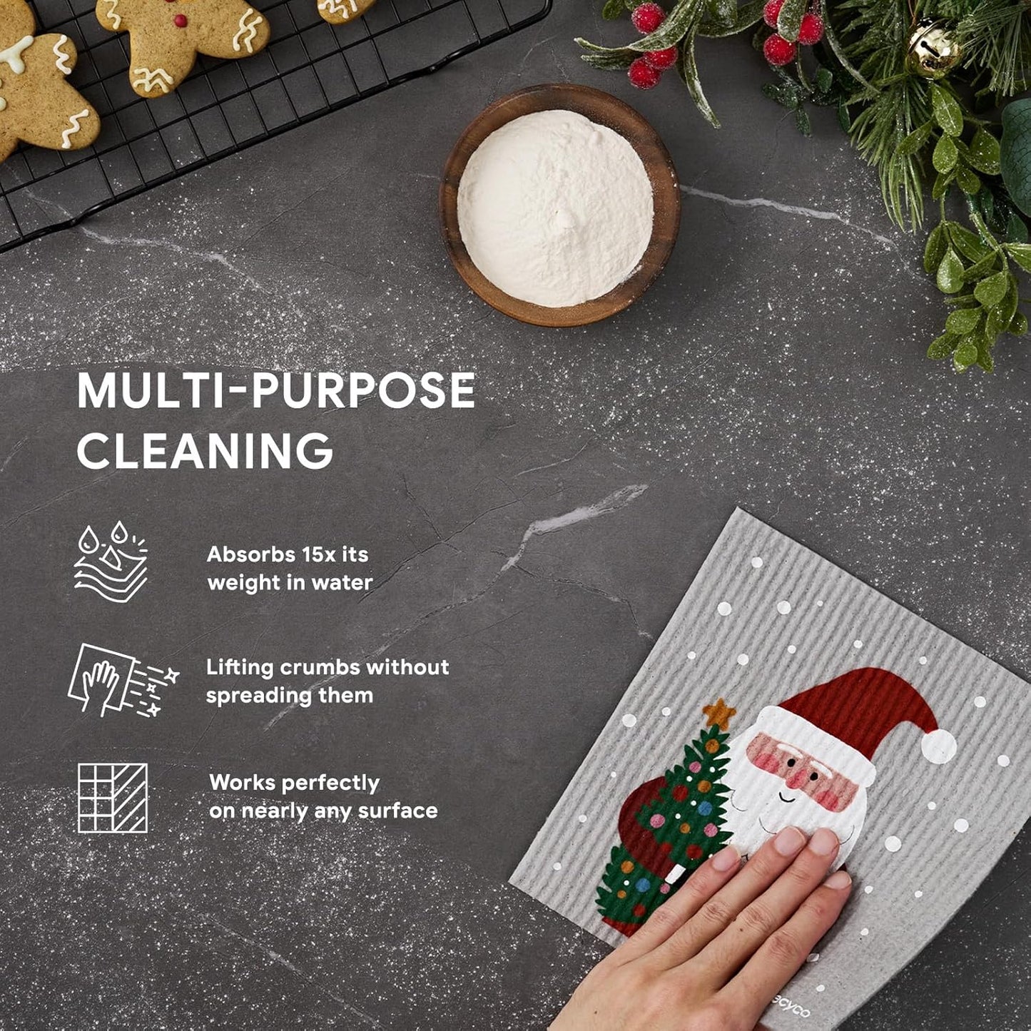 RECYCO 4 Pack Christmas Swedish Dishcloths for Kitchen | Classic Red Washable Dish Towels | Cellulose Reusable Cleaning Paper Towels | Absorbent Counter Dish Cloth Sponge Kitchen Wipes, 7" x 8"