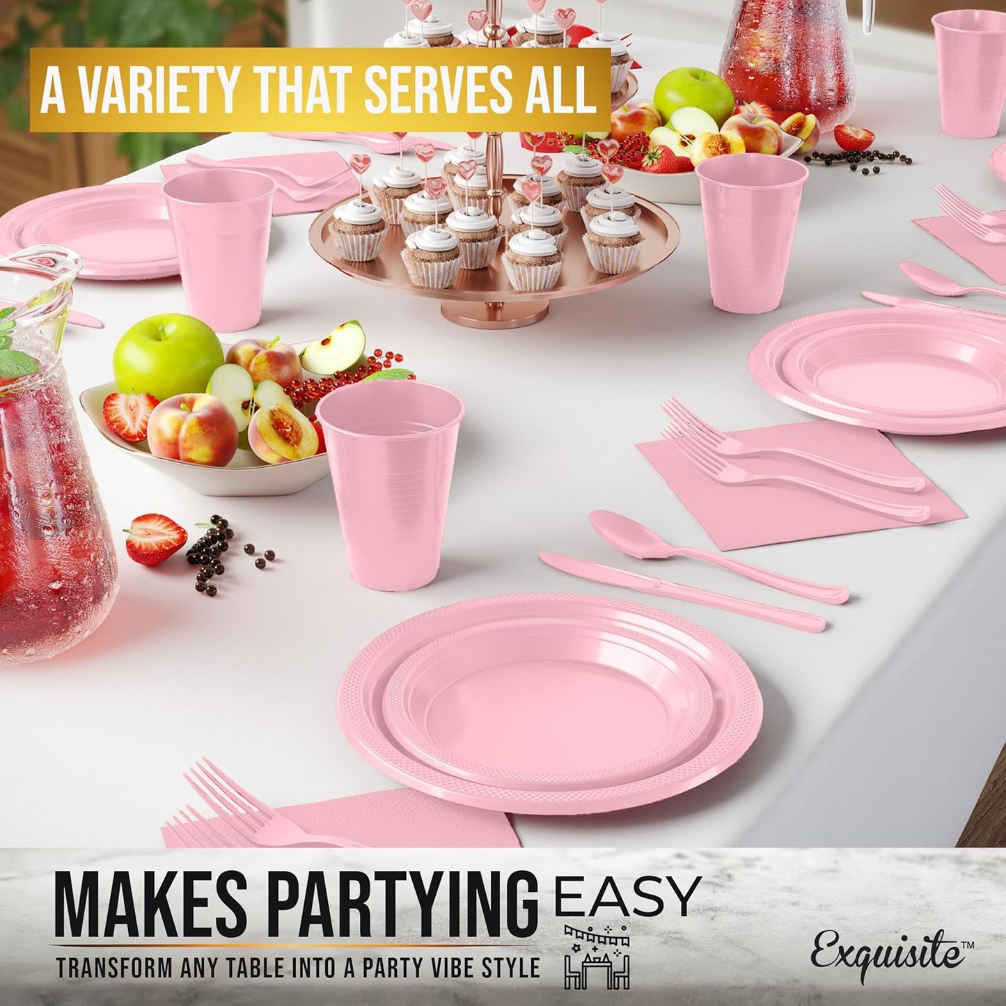 Party Solids 350 Pieces Pink Plastic Plates For Party, Pink Disposable Plates Set, 50 Of Each 9" Dinner Plate Set, 7" Dessert Plate, Cups, Napkins & Cutlery Plastic Dinnerware
