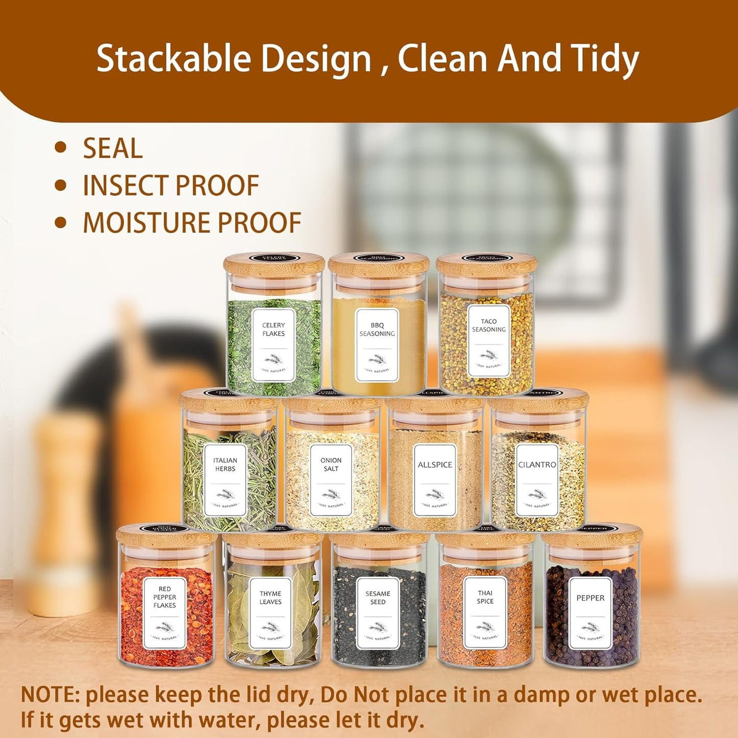 SLifeJars-Spice Jars with Label, 7.5 oz 20pcs Spice Containers Glass Jars with Bamboo Lids, Seasoning Containers Bottles,Airtight Empty Spice Jars for Spice Rack, Drawer,Cabinet,Pantry