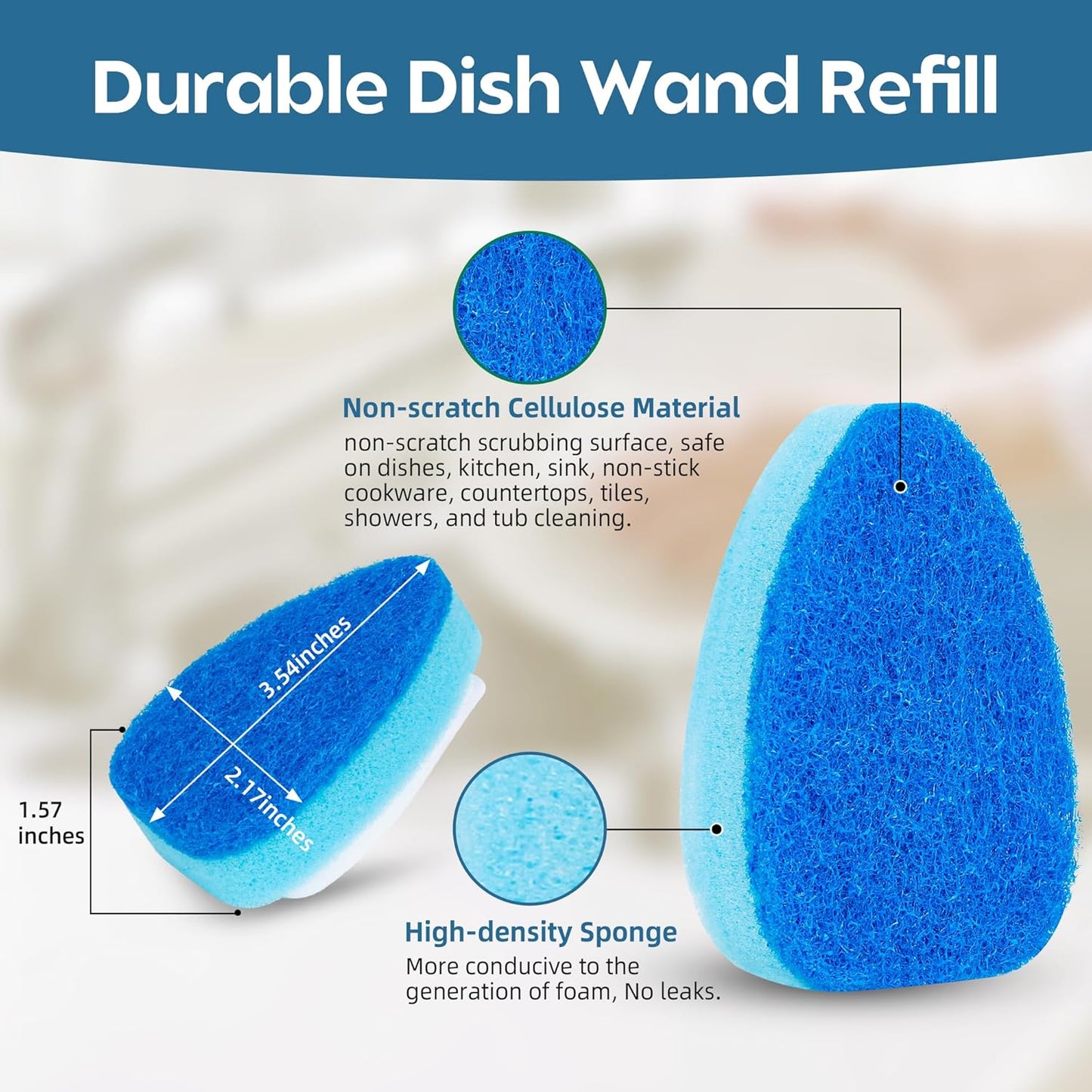 Non-Scratch Dish Wand Sponge Refill, Zero-Scratch Replacement Heads Fits Soap Dispensing Handle, Scratch-Free Dishwand Refills, Non-Scratching Scrubber Pads for Dish Wand, Safe for Nonstick Cookware