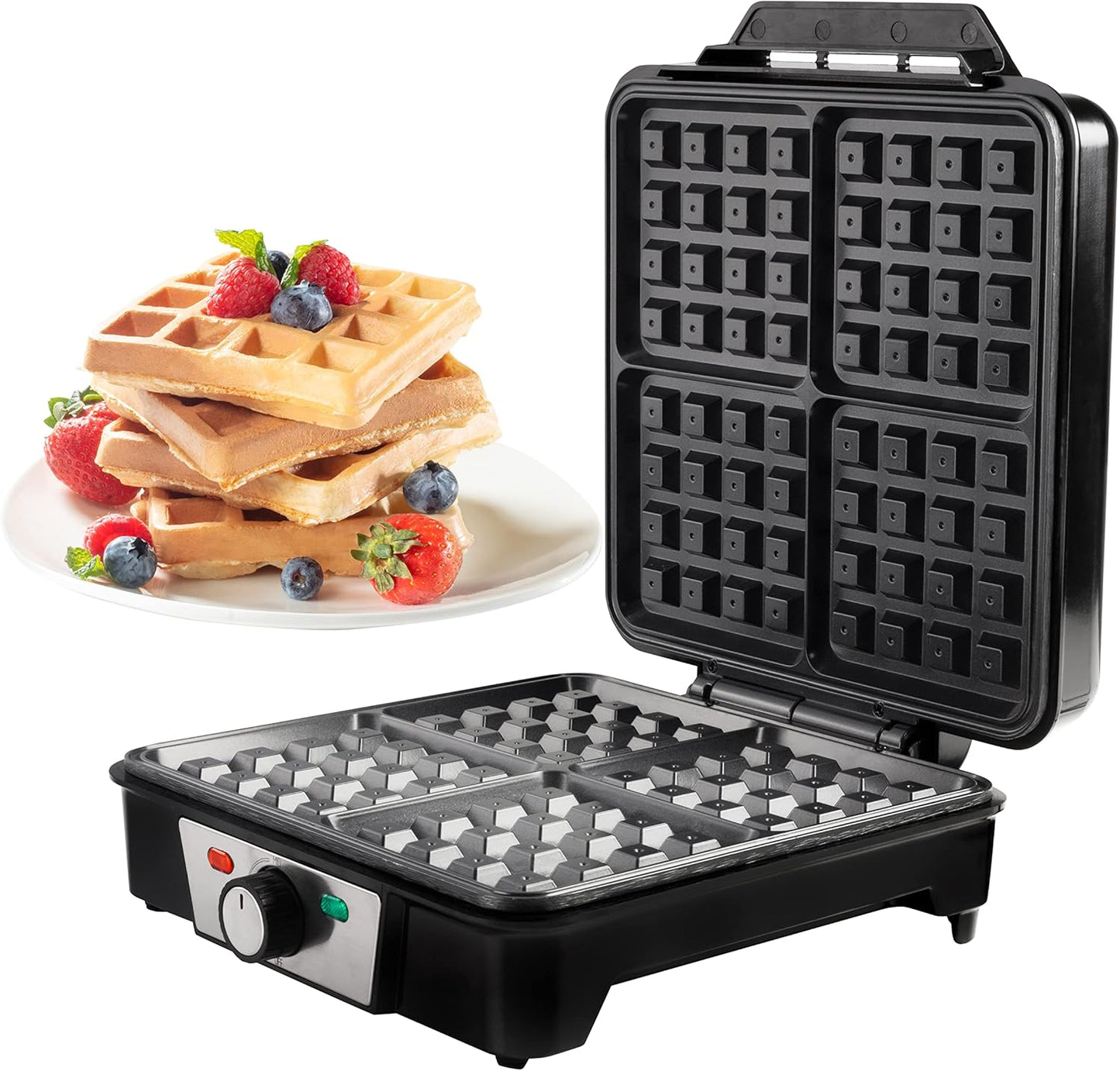 CucinaPro Four Square Belgian Waffle Maker, Extra Large Stainless Steel Kitchen Appliance w Nonstick Waffler Iron Plates Makes 4 Fluffy Waffles, Great Griddle for Family Holiday Breakfast or Xmas Gift