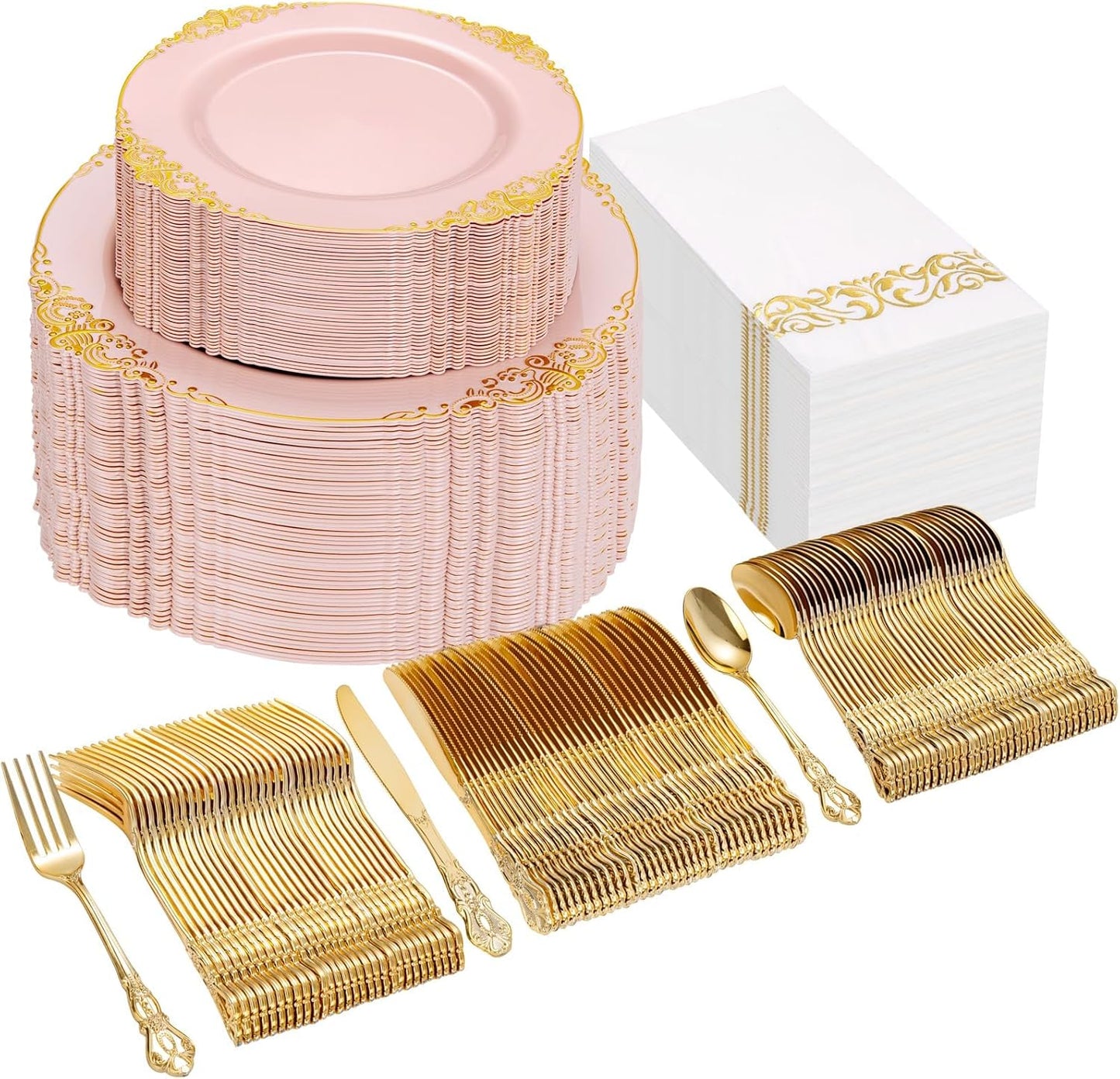 Ciaell 300PCS Pink and Gold Plastic Plates - Pink Disposable Dinnerware Sets for 50 Guests - 100 Plates, 50 Knives, 50 Forks, 50 Spoons, and 50 Napkins for Wedding, Anniversary and Party