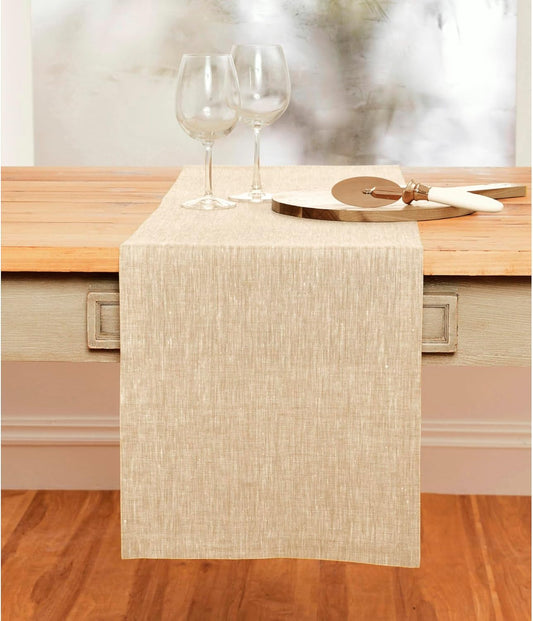 Solino Home Linen Champagne Beige Table Runner 132 Inches Long - Athena, 100% Pure Linen Dining Table Runner 14 x 132 Inch for Fall, Autumn, Thanksgiving, Christmas
