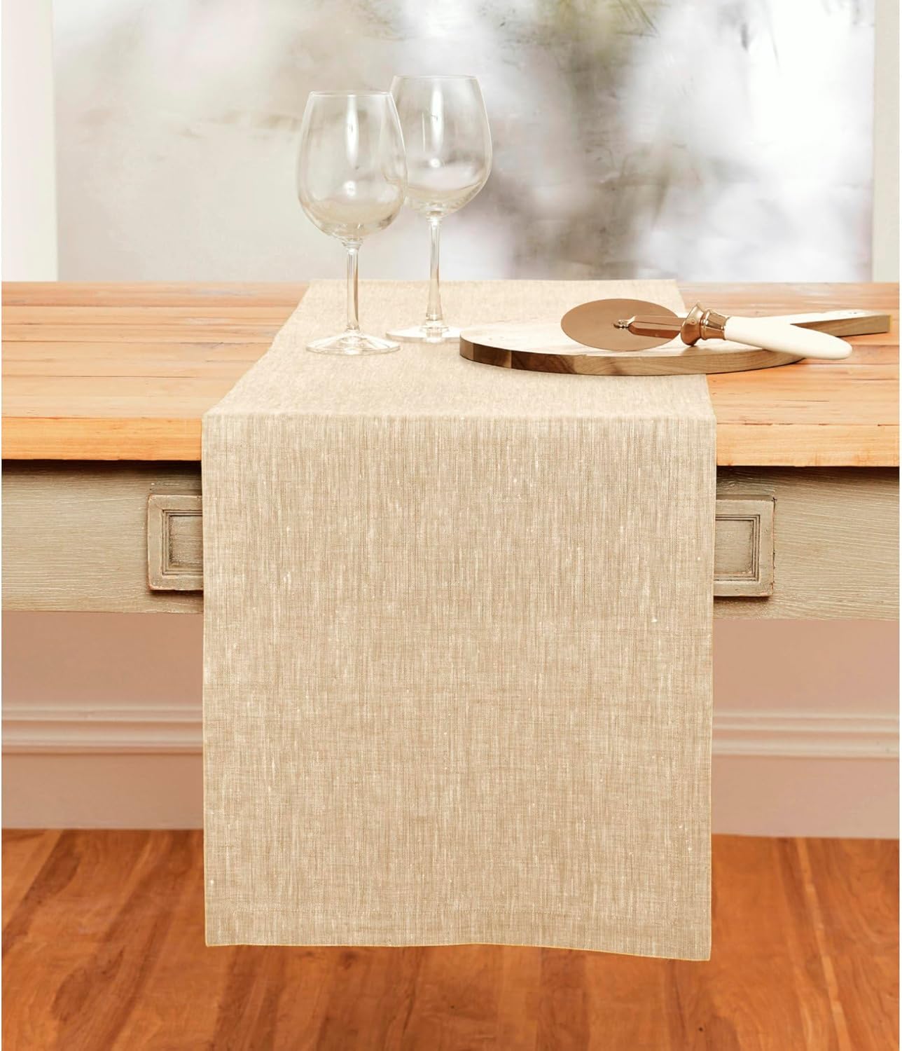 Solino Home Linen Champagne Beige Table Runner 156 Inches Long - Athena, 100% Pure Linen Dining Table Runner 14 x 156 Inch for Fall, Autumn, Thanksgiving, Holiday