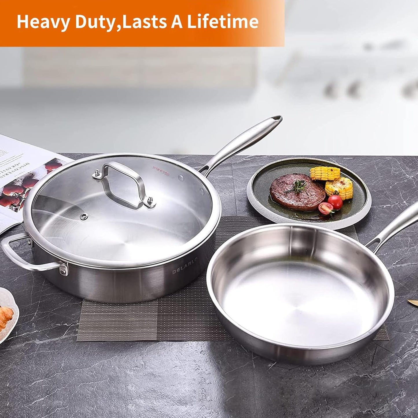DELARLO Tri-Ply Stainless Steel Saute Pan Set With Lid Kitchen Cookware Set,Frying Pan Set Heats quickly Cookware, Suitable for All Stove Kitchen, Pots and Pans set