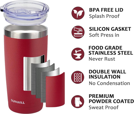 SUNWILL Travel Coffee Tumbler 20 oz, Insulated Mug with Lid, Stainless Steel Cup for Hot and Cold Drinks, Powder Coated Wine Red
